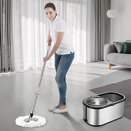 Miniatura 6 de Sistema de cubo de trapeador giratorio de acero inoxidable con 6 recambios de cabezal de repuesto de microfibra, trapeador de piso con 4 ruedas