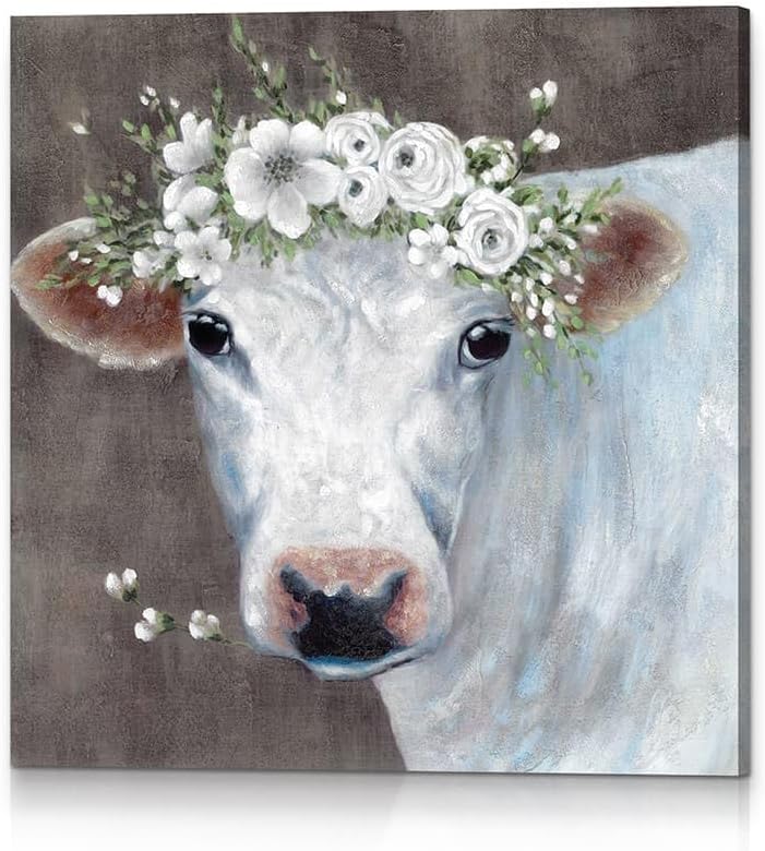 HILL WEST Rustic Cow Canvas Wall Art - Farm Animal Picture Cute Country Cattle Painting Farmhouse Artwork for Bedroom Living Room