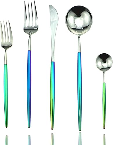 JASHII - Juego de cubiertos de acero inoxidable 1810 con espejo pulido y colorido arcoíris (20 piezas, incluye tenedor de vapor, cuchillos,