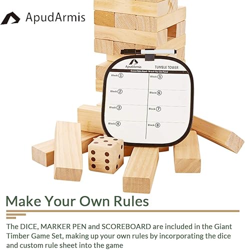Miniatura 4 de ApudArmis Torre de caída de 60 piezas, (apila hasta 5 pies), juego de madera de pino apilable con 1 juego de dados – Juego clásico de bloques al