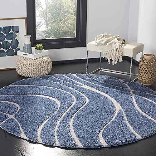 Image of Geometric Wave Round Shaggy Carpet for Living Room, Bedroom, High Low Design Finish Microfiber 1.8 Inch Pile High, 8x8 Feet Royal Blue|Ivory Color