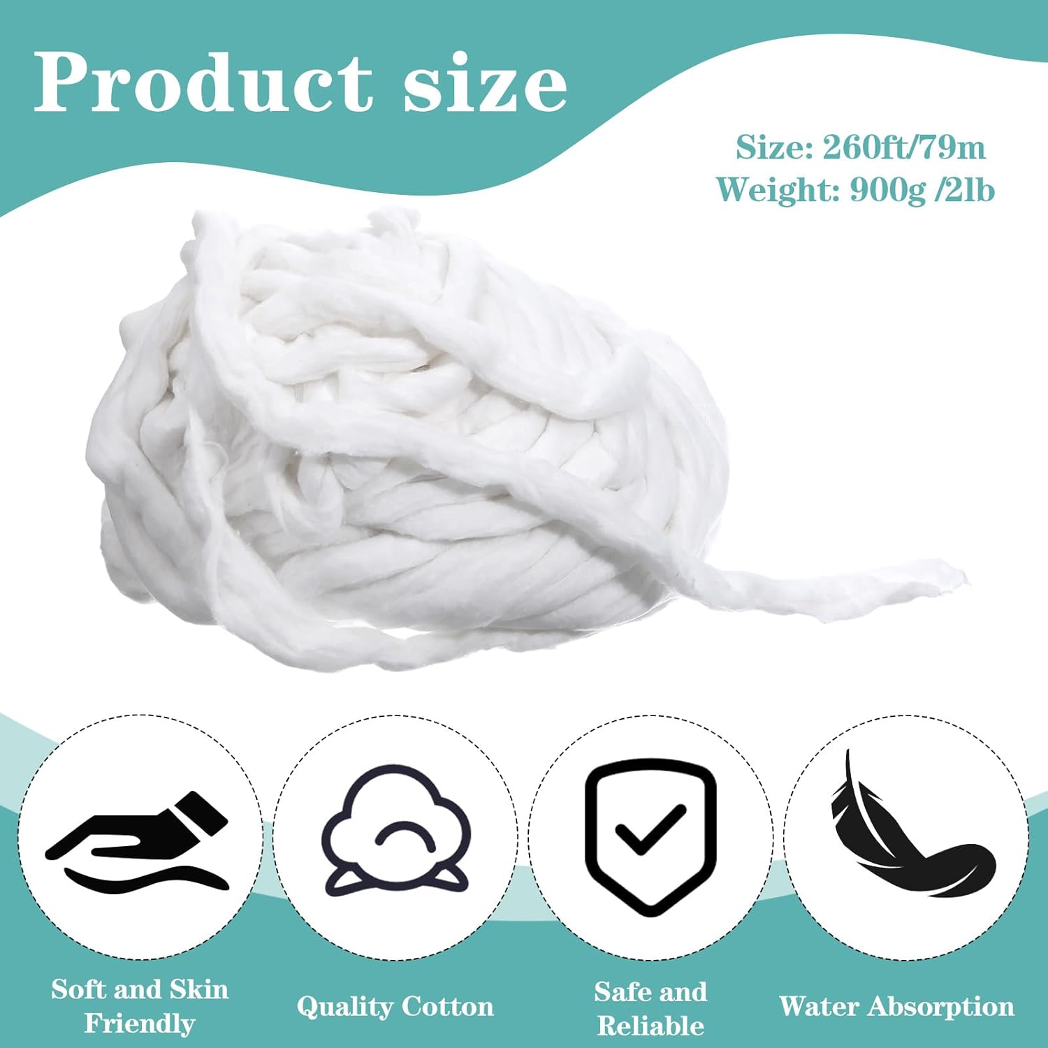 Cotton Roll Coil Sliver for Salon,260 Feet 2lb for Cleaning, Skin Care, Manicures, Salon,900g
