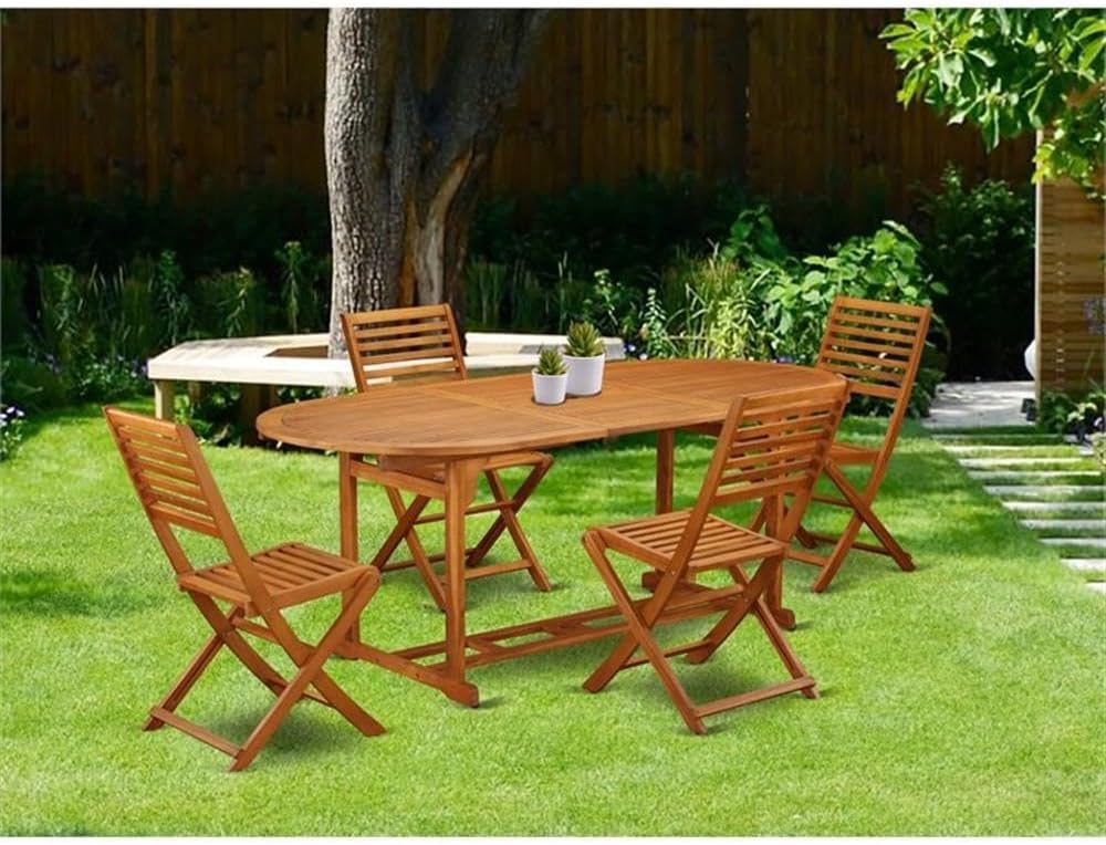 Pemberly Row 5-Piece Wood Patio Dining Set, Sustainable Acacia, Natural Oil Finish, Foldable Chairs, Water-Resistant Outdoor Furniture for Poolside, Backyard, Patio Spaces
