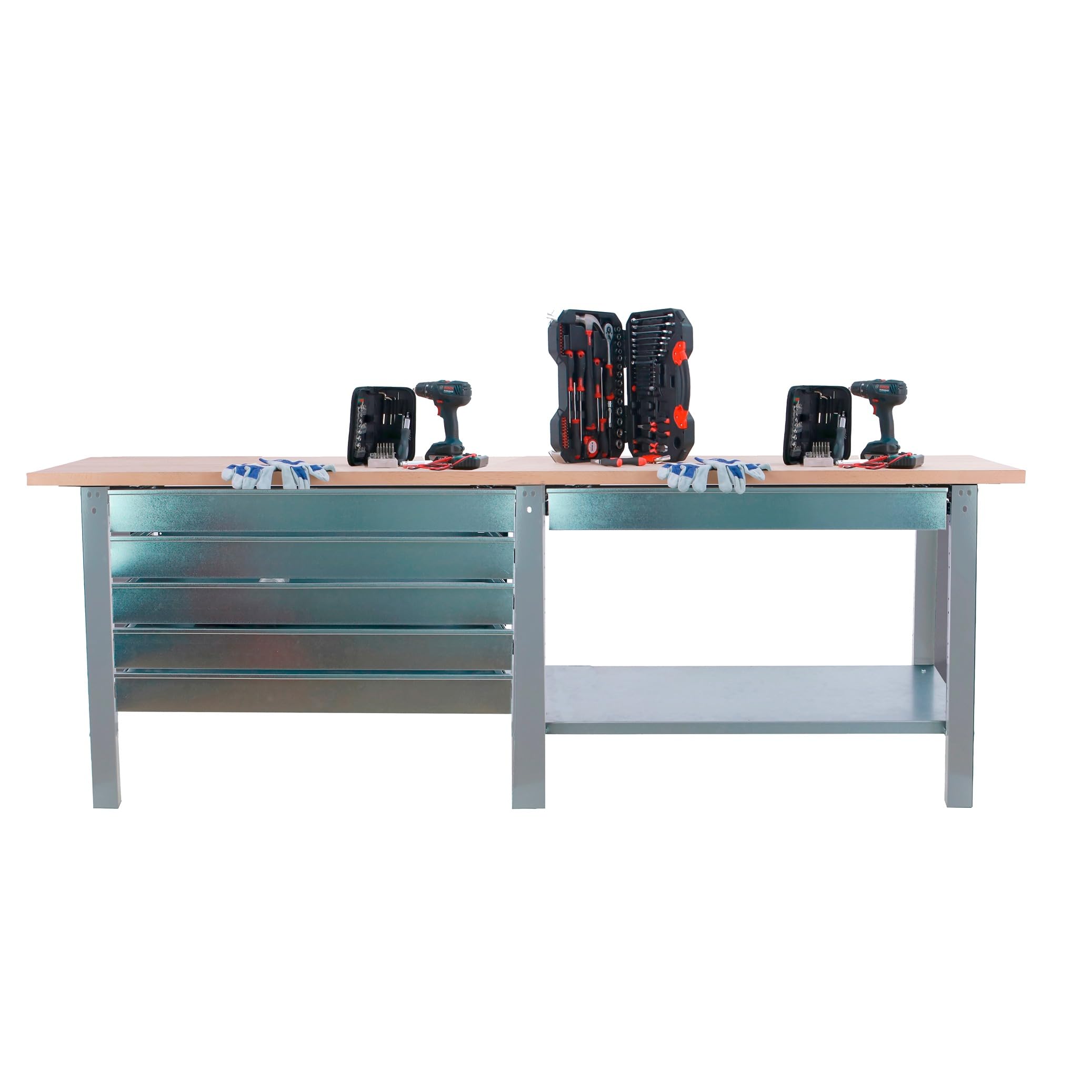 SimonRack Banco de Trabajo Taller Doble, Capacidad Carga 1000 kg, 865x2100x750 mm, 6 Cajones, Mesa de Trabajo, Gris/Haya - BT6 PRO
