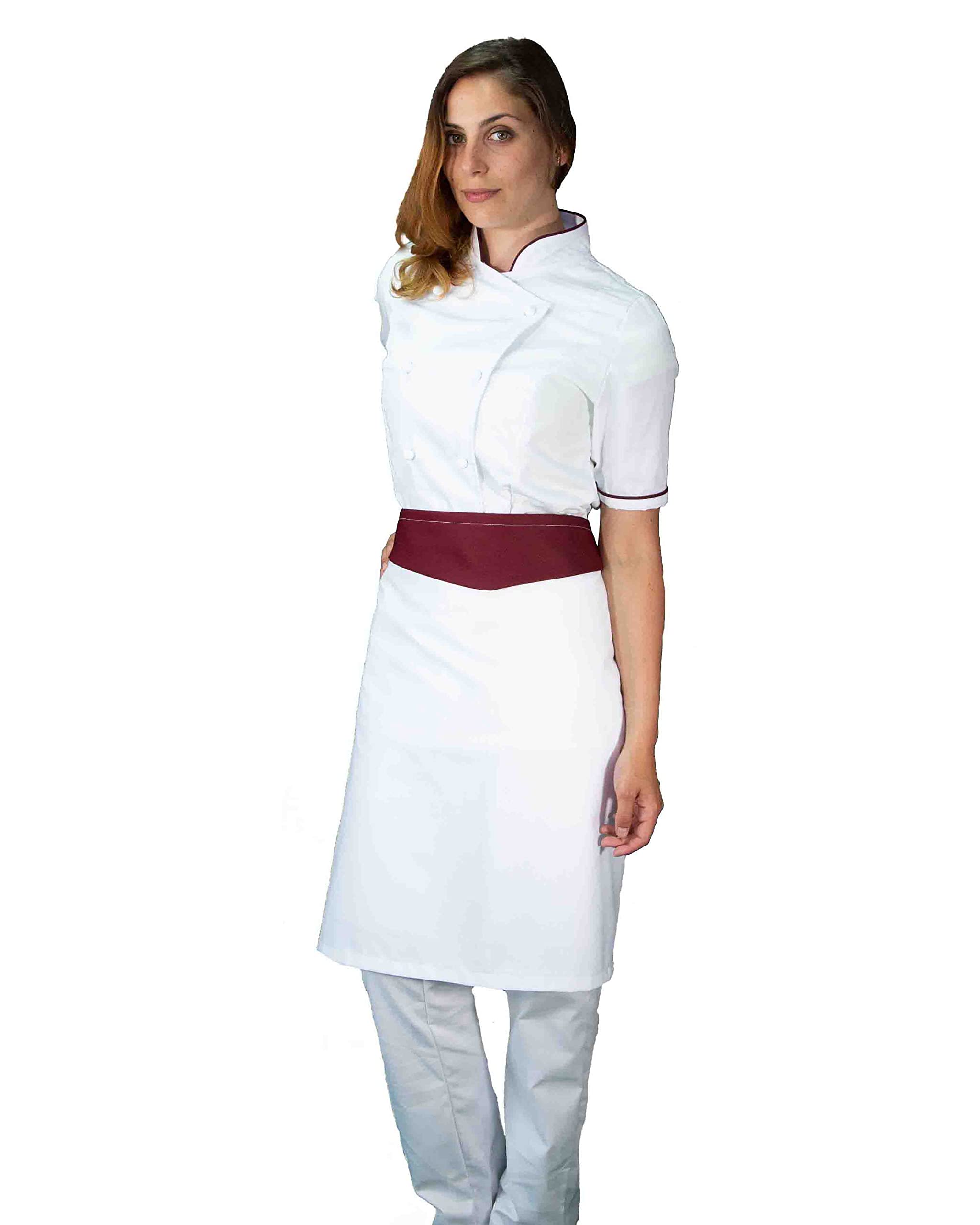 Bordado Gratuito - Completo Cocinero Mujer Blanco y Burdeos - Uniforme Chef Personalizable M/C - Chaqueta, Pantalón y Delantal - Uniforme para Cocina y Restaurante - Made in Italy