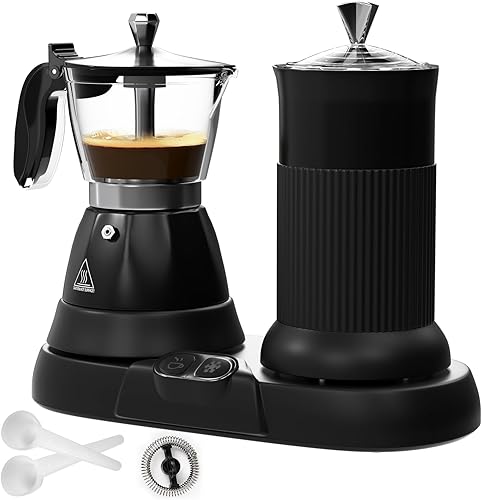 Máquina de Espresso Eléctrica con Espumador de Leche 2 en 1 Eficiente Cafetera Moka de Aluminio con Operación de Un Toque para Cappuccinos, Café con