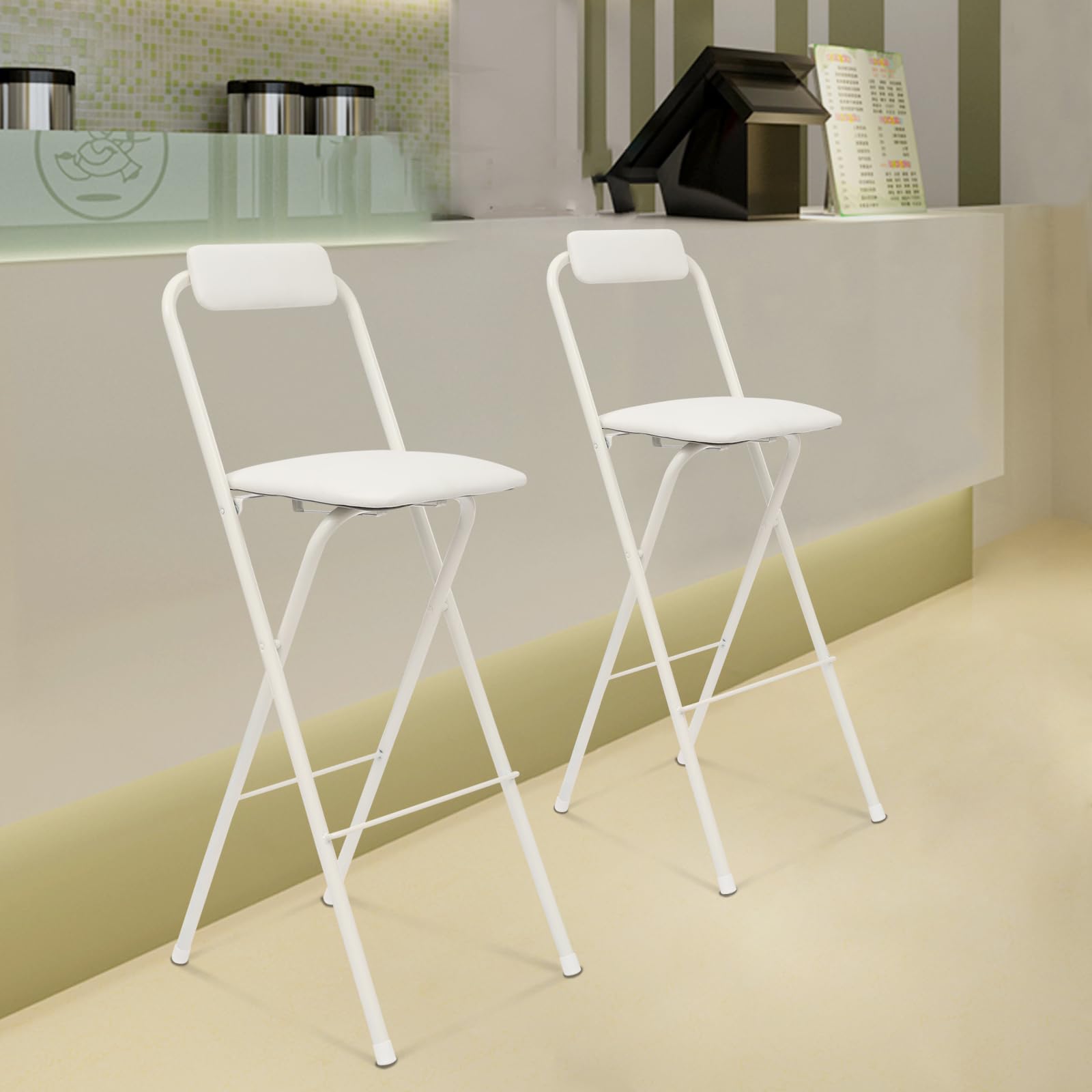 BuufuS 2 Pcs Folding Bar Stool with Backrest, Tall Foldable Stool Chair with PVC Foot Caps Portable Bar Chair Counter Height Seat Leather Padded for Kitchen Island Shop Cafe Dining Room (White)