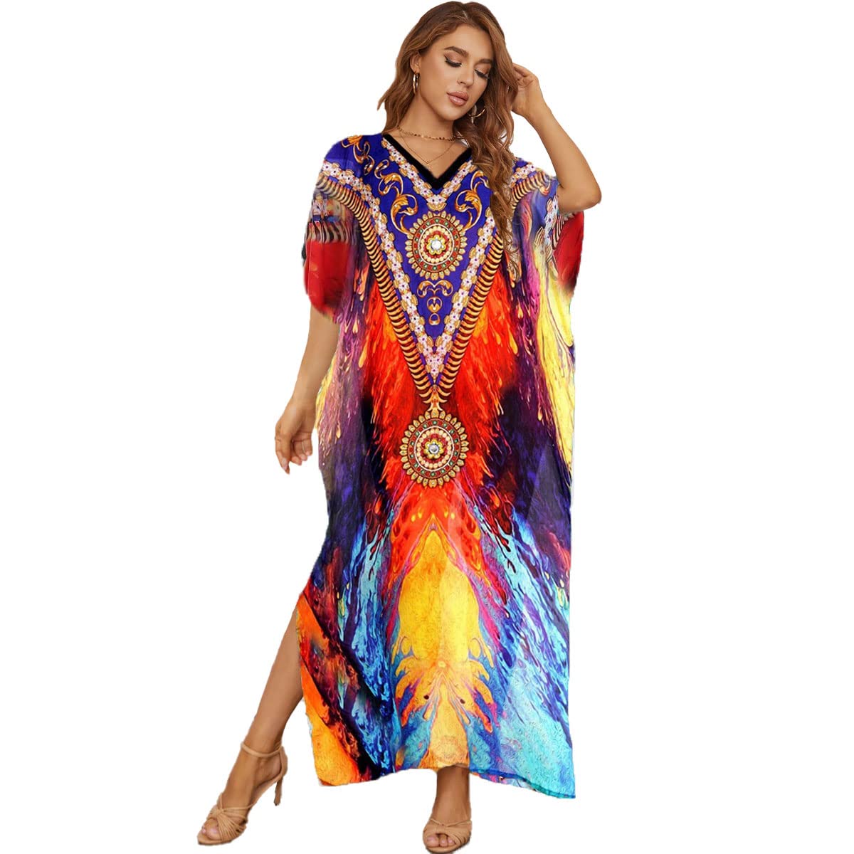 Tyidalin Kaftan Vestido Largo Playa Mujer Maxi Caftan Estampado Verano Boho Túnica Talla Grande Kimono Pareo