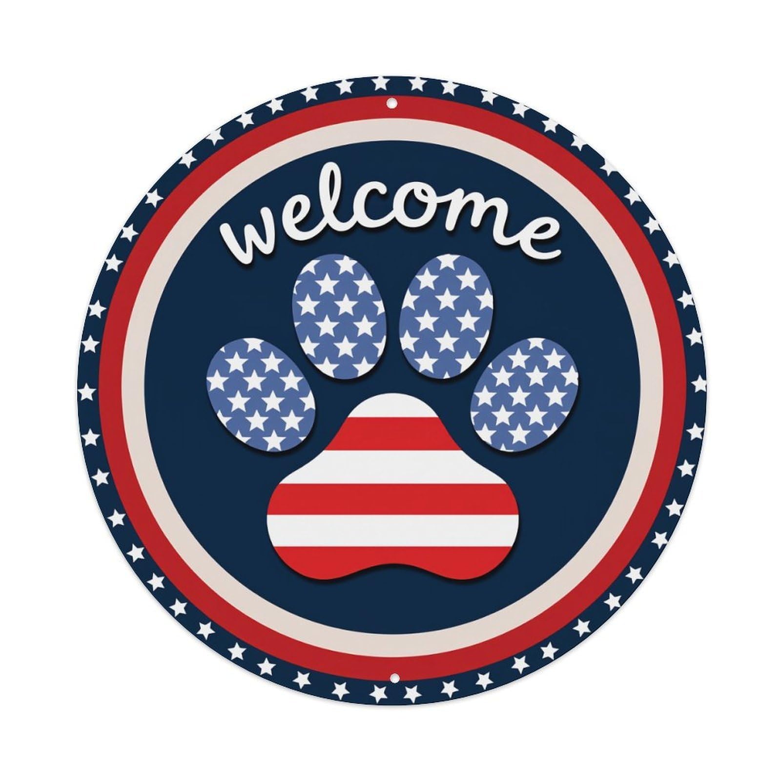 Lvalogy Style American Flag Paw Print Welcome Sign Metal Tin Sign Plaque