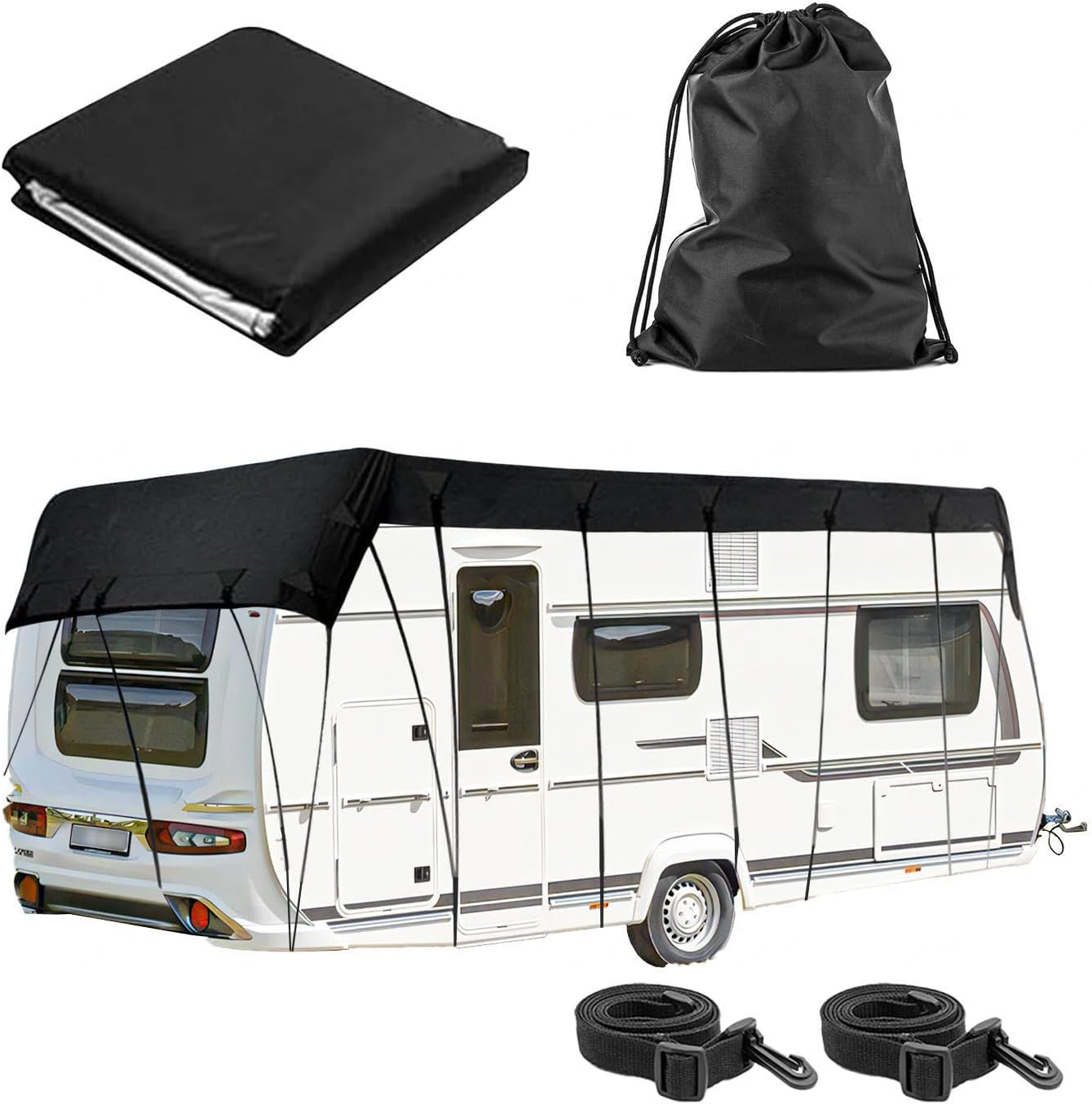 Travel Trailer RV Cover 300D Oxford Cloth Truck Camper Cover Foldable Storage, Easy to Clean Camper Cover Camper Cover,Black-9.5x3m