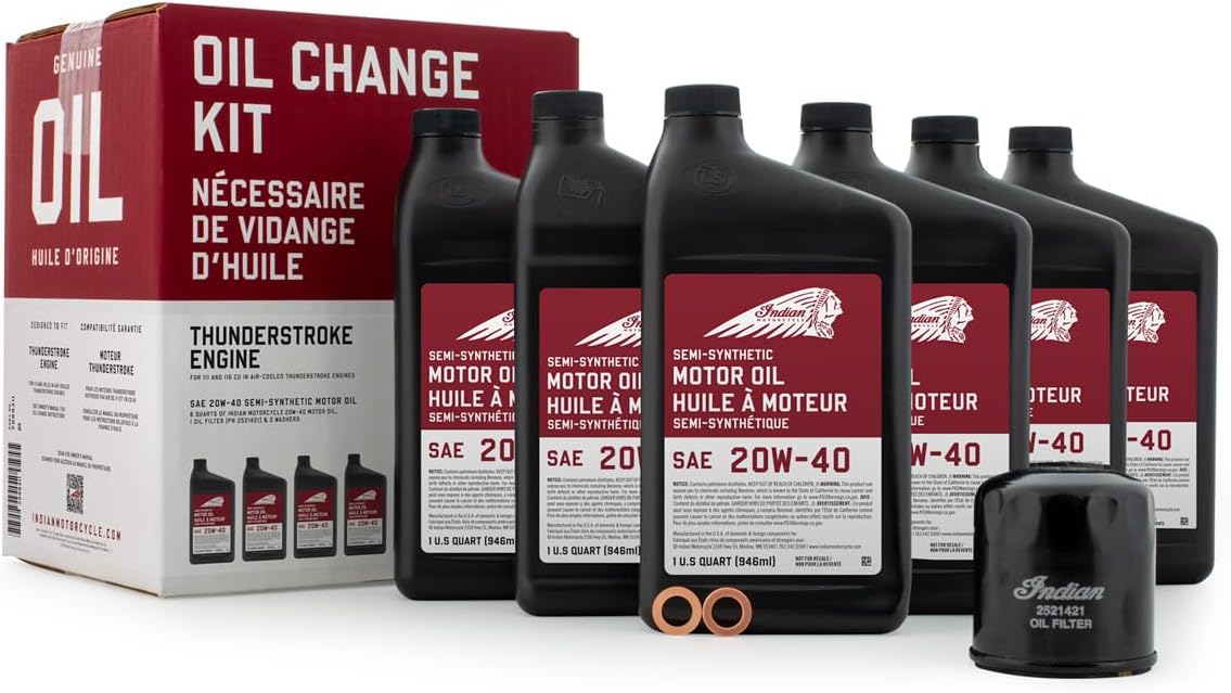 Indian Motorcycle Oil Change Kit for Chieftain, Roadmaster, Chief, Springfield Models With Thunderstroke 111 & 116 Engines, 6 Quarts 20W-40 Semi-Synthetic Motor Oil, 1 Oil Filter, 2 Washers - 2889311