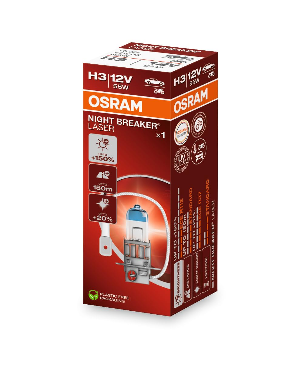 OSRAM NIGHT BREAKER LASER H3, +​150% de lumière en plus, ampoule de phare halogène, 64151NL, 12V, boîte pliante (1 lampe)