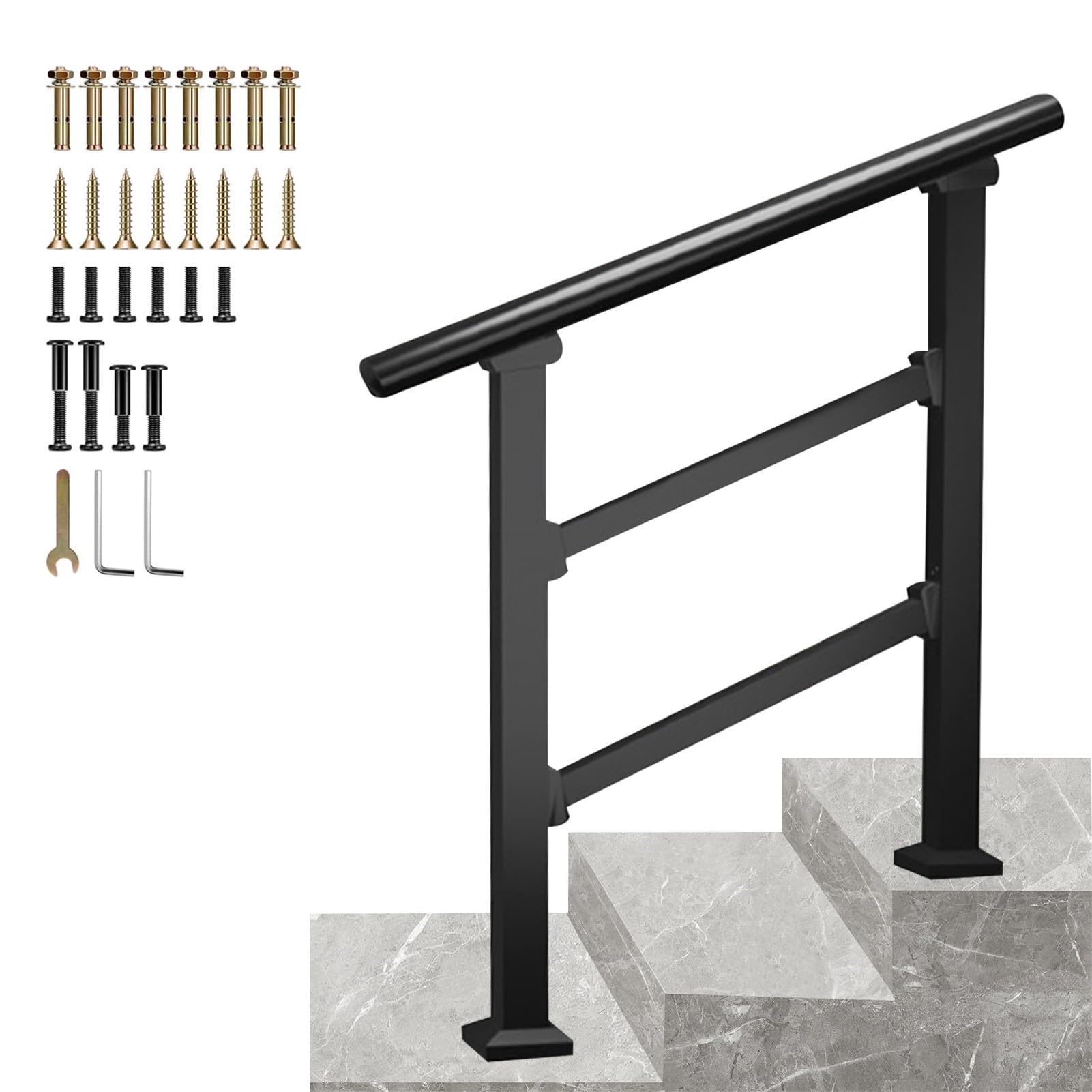 Jksyff A Handrails For Outdoor Steps, Non-Slip Safety Support Guardrail Djustable Porch Railings, 2 Crossbars Stair Hand Rail Kit, Floor Mounted Transitional Balusters Columns(,120Cm/47Inch)