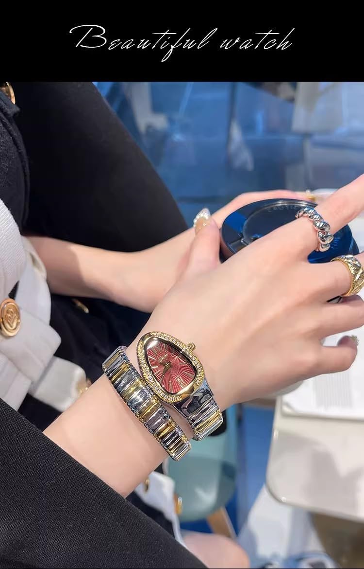 Klassische Damenuhr in Schlangenform, Gold und Silber, skalierbares Armband, Quarz-Uhren mit funkelnden Diamanten