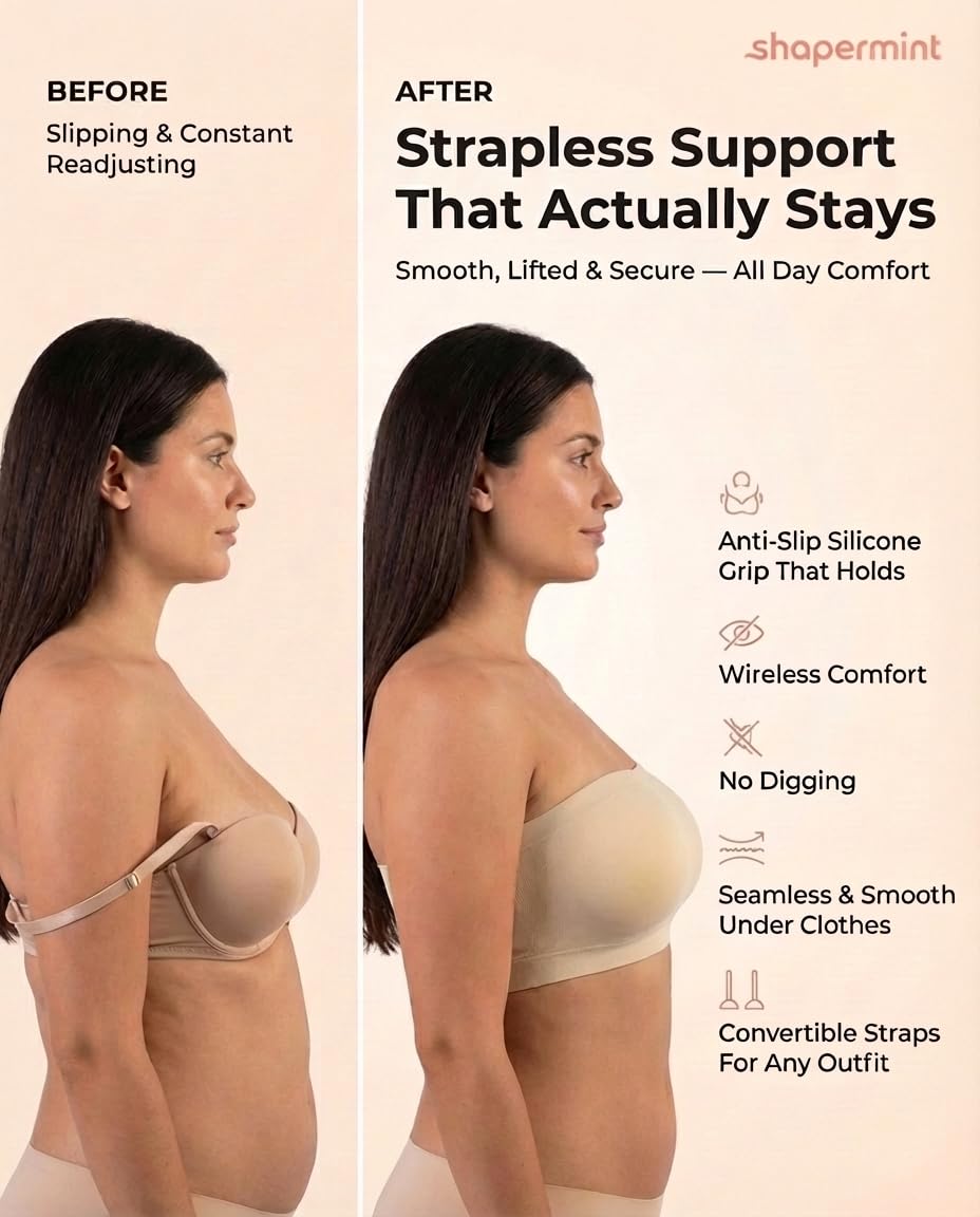 SHAPERMINT Sujetadores convertibles sin tirantes para mujer - Brasier bandeau, parte superior sin tirantes, parte superior bandeau, brasier inalámbrico, Beige, XXL