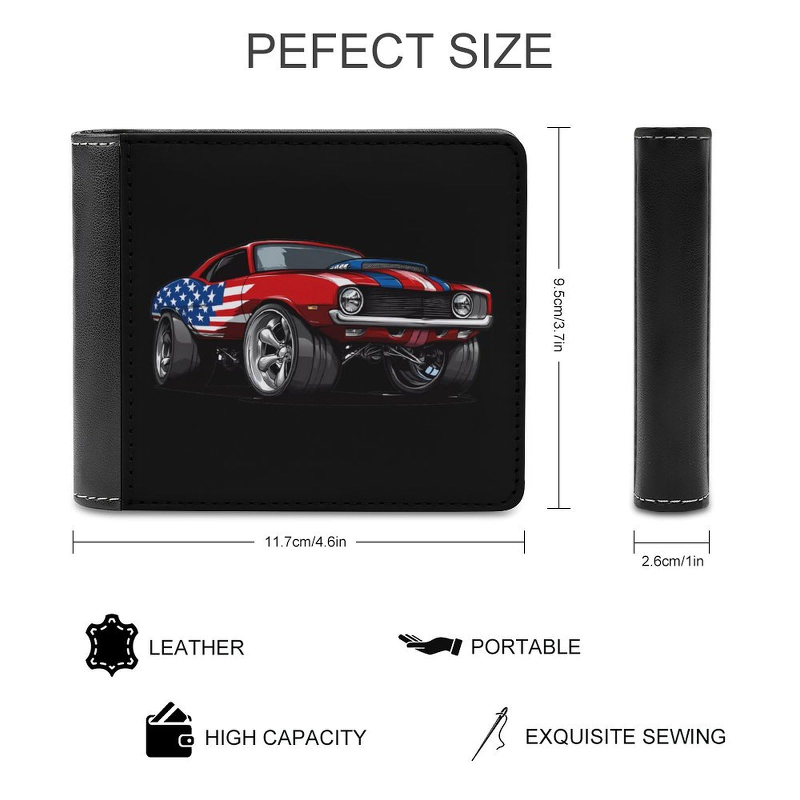 Muscle Car with Am-erican Flag Bifold Wallet PU Leather Slim Purse Pocket Wallet with Card Holder for Women Men