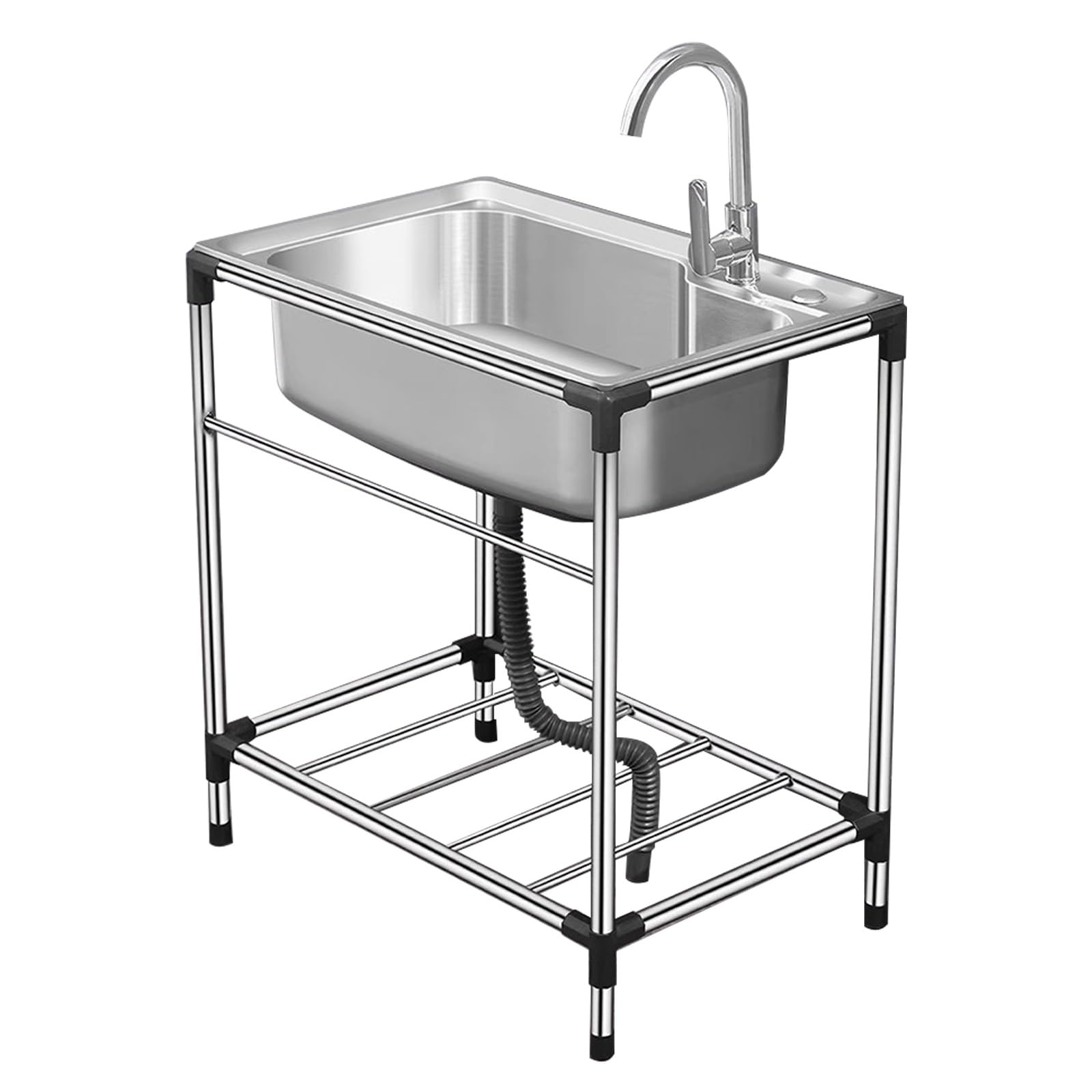 Single Bowl Stainless Steel 304 Sink,Single Bowl Kitchen Sinks,Commercial Restaurant Kitchen Bar Sink,Freestanding Utility Sink with St+,for Laundry Garage Indoor Outdoor(Single Cold Faucet-58*43cm)