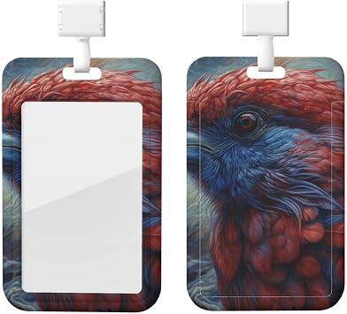 Sliding ID Badge Holder Hard Plastic Badge Holders Red Feathers of Bird ID Card Holder Vertical Badge Reel with Clear Window Card Protector Cover Name Tag Holder for Office