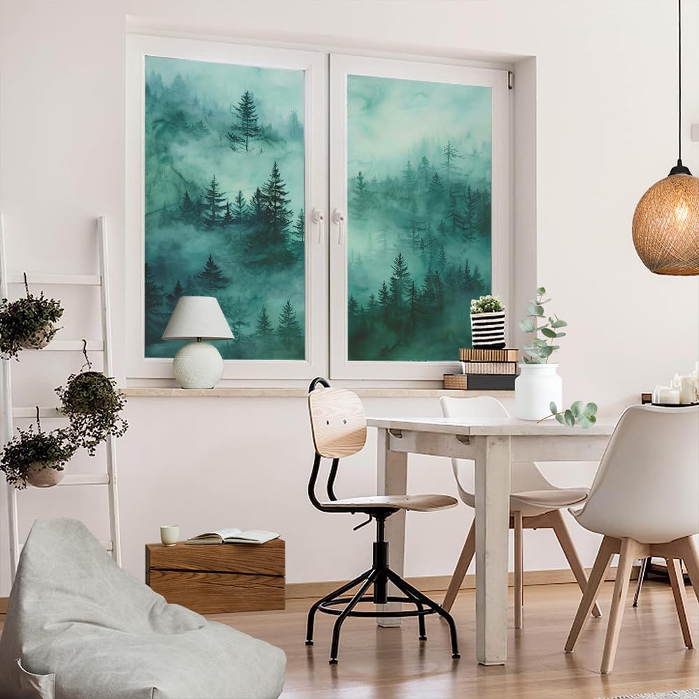 Rustic Mountain Forest Privacy Window Film, Abstract Misty Forest Landscape Decorative Frosted Self Adhesive Stained Glass Window Film for Bathroom & Room 17.7Wx23.6L-inch x2 Pcs