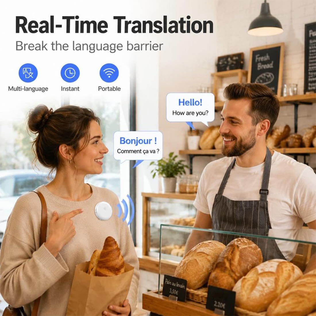 Compañero de IA para practicar idiomas en tiempo real, dispositivo traductor portátil de español, traductor de idiomas con IA 165 idiomas para practicar pronunciación, gramática y conversación (1pc)