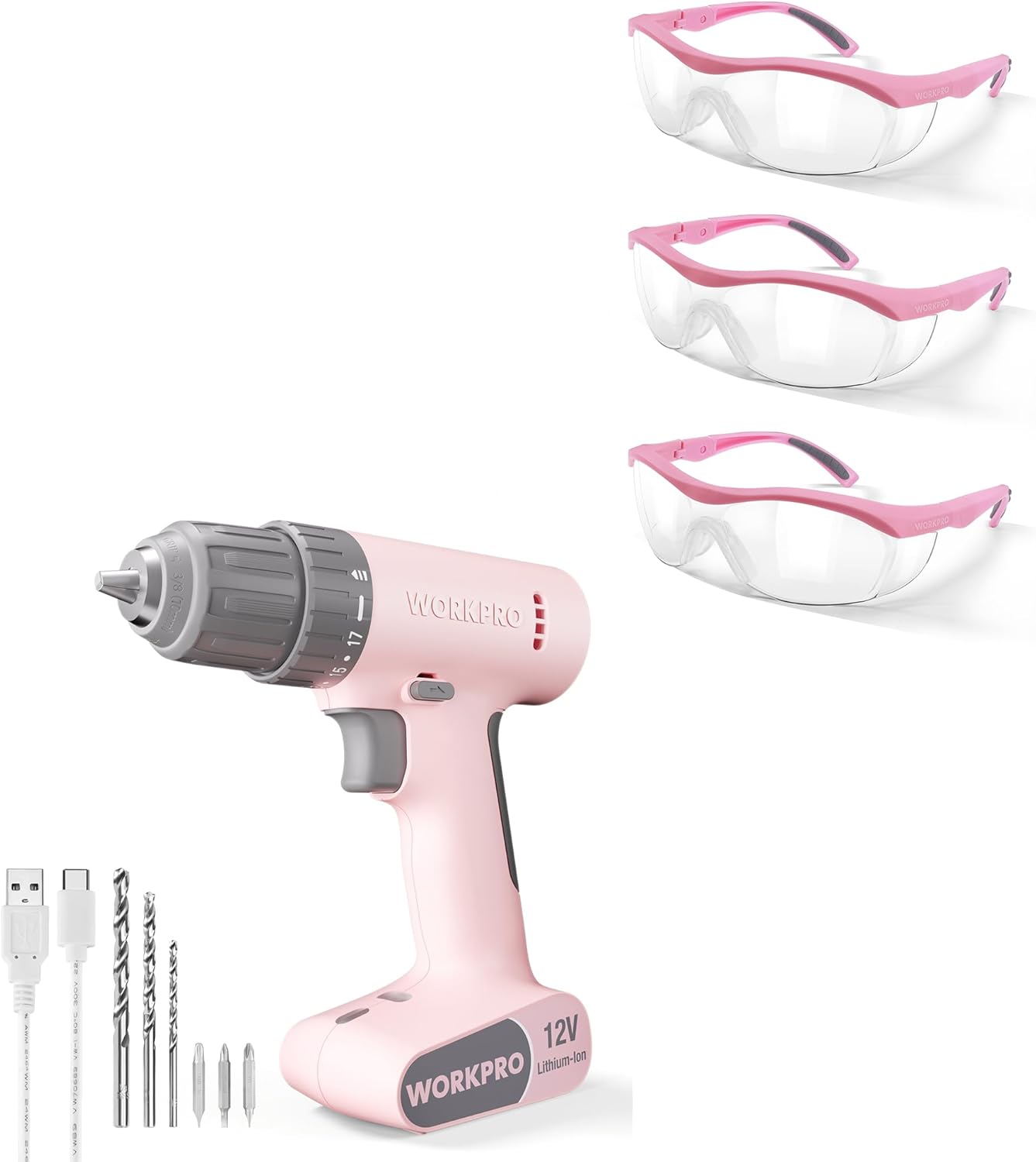 WORKPRO Pink Cordless Drill Driver Set, Workpro 3 pack Pink Safety Glasses Set