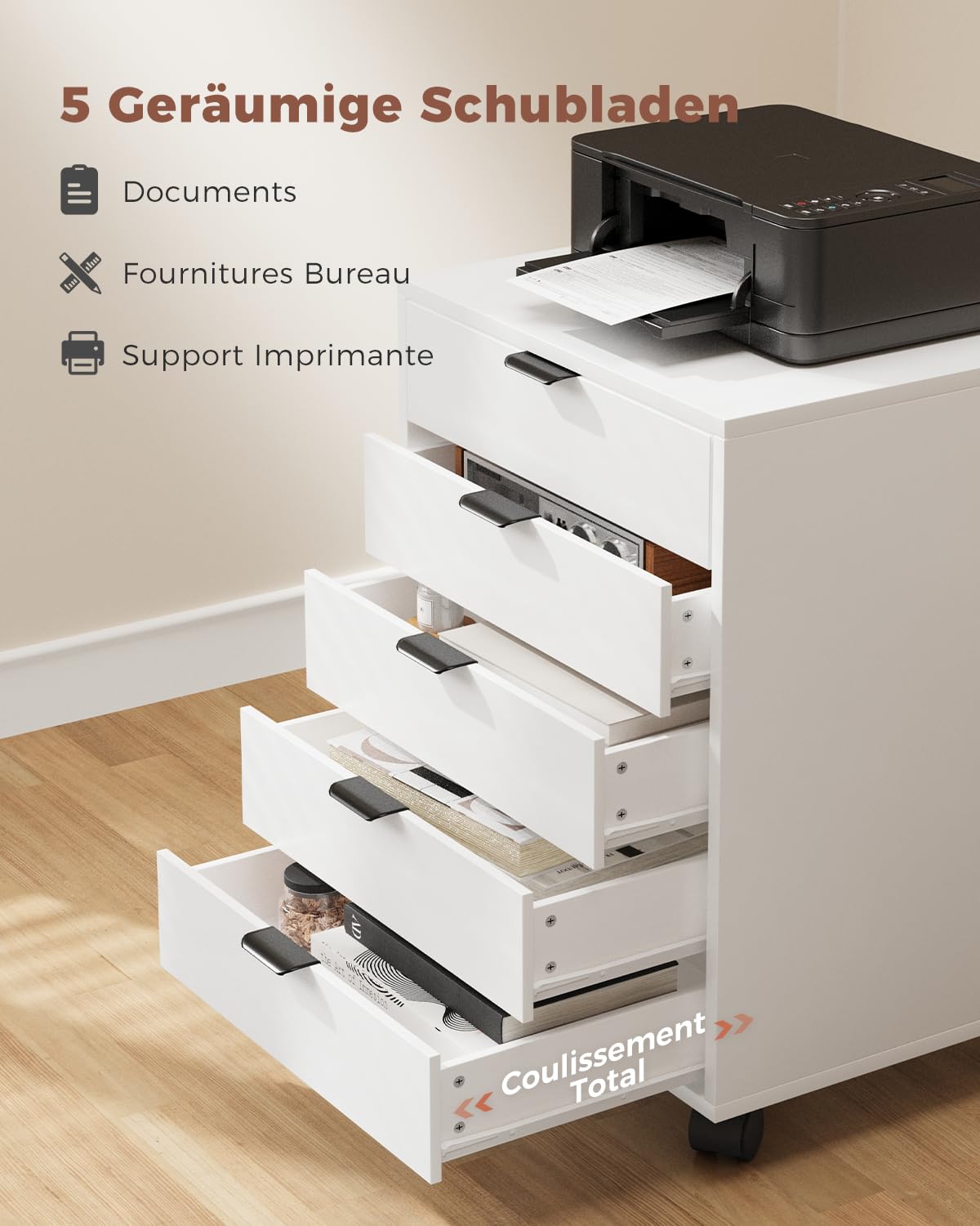 ELUCHANG Schedario da Ufficio con 5 Cassetti e Ruote, Archivio per Documenti A4, Armadio Mobile per Home Office e Studio, Bianco, 40x40x60 cm