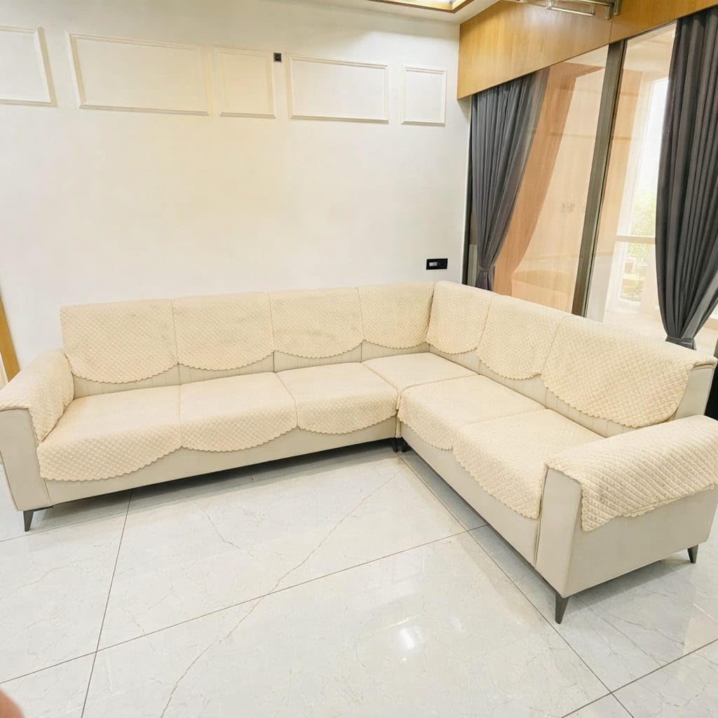 Blush and Bloom 7 Seater L Shape Self Design Velvet Quilted Sofa Cover and Chair Cover, Seat and Back Cover -Pack of 14 (Cream)