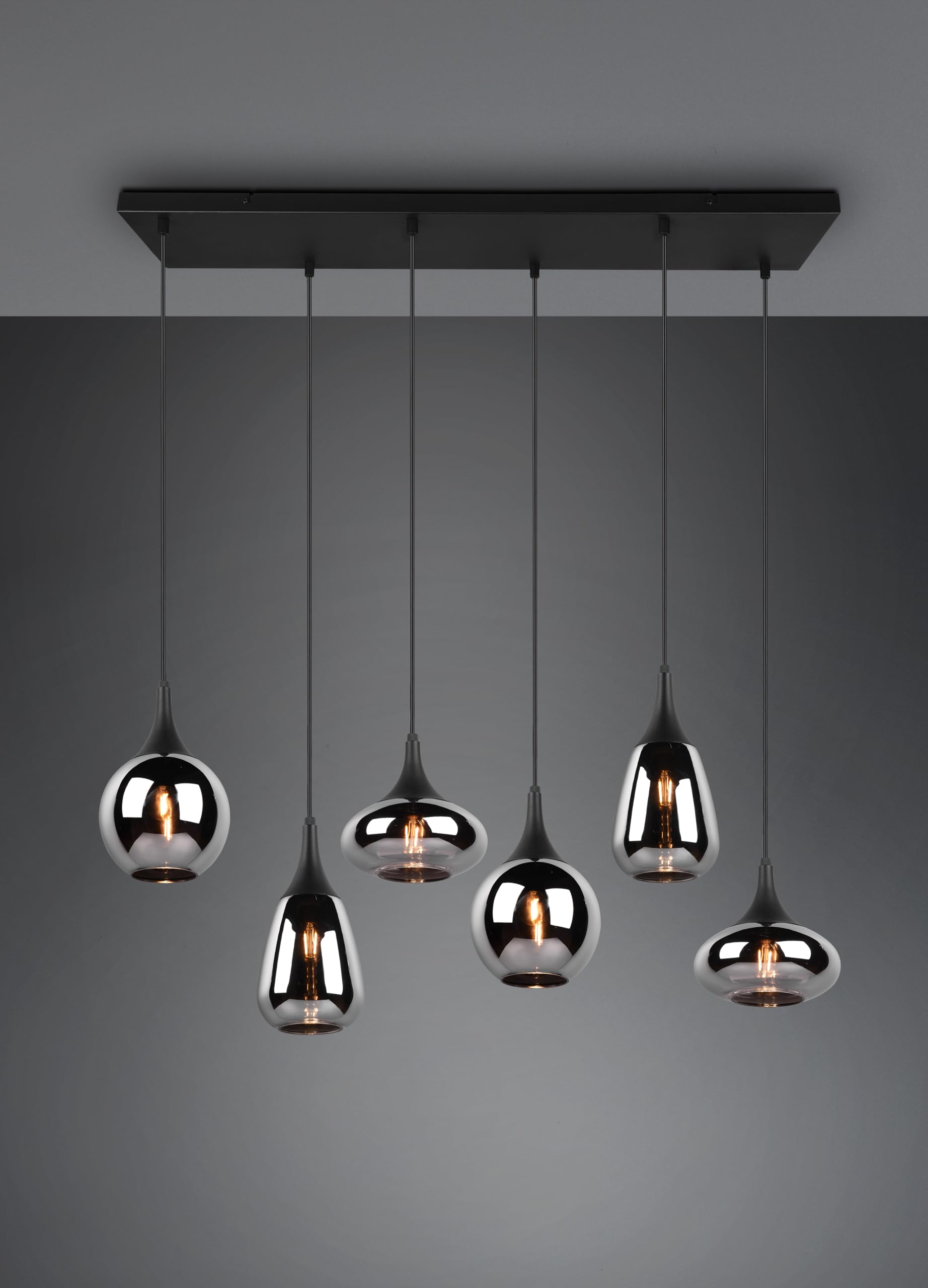 Trio Leuchten Pendelleuchte Lumina 317000632, Metall Schwarz matt, Glas chrom bedampft, exkl. 6x E14, Smoke