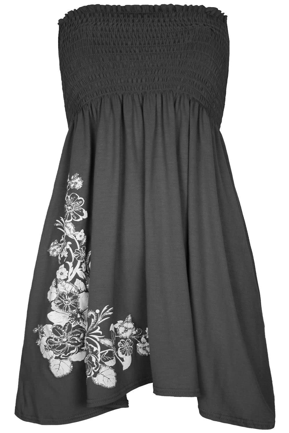 Women’s Strapless Printed Bandeau Top Sheering Ruched Boob Tube Vest Sleeveless Gathered Mini Dress Summer Beachwear - Charcoal - UK 12-14