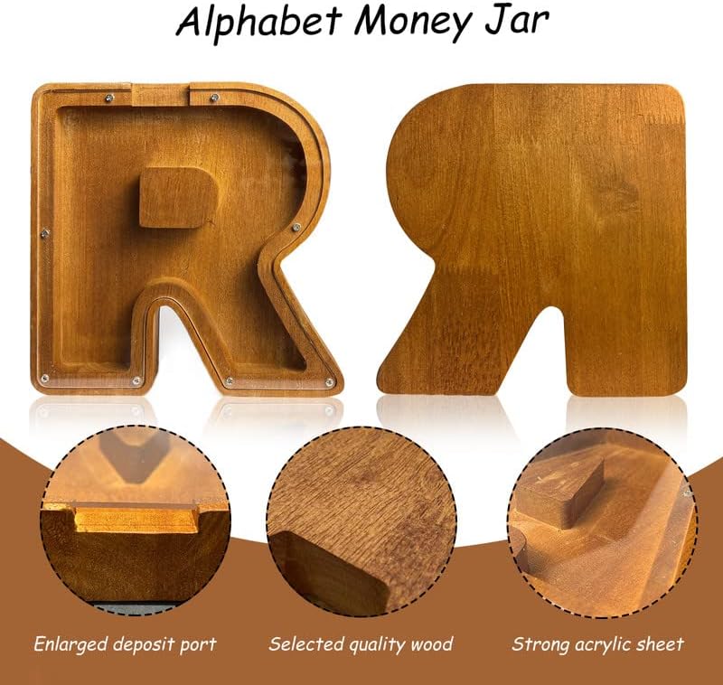 Miniatura 3 de Alcancía de madera con letras para niños, banco de madera personalizado, 26 letras del alfabeto inglés, banco de almacenamiento de letras para
