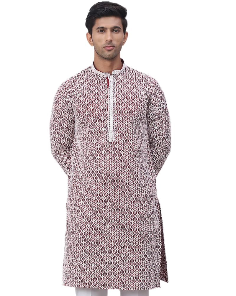 Jompers Maroon Men's Chikankari Embroidered And Sequence Kurtas (Maroon, Xl)