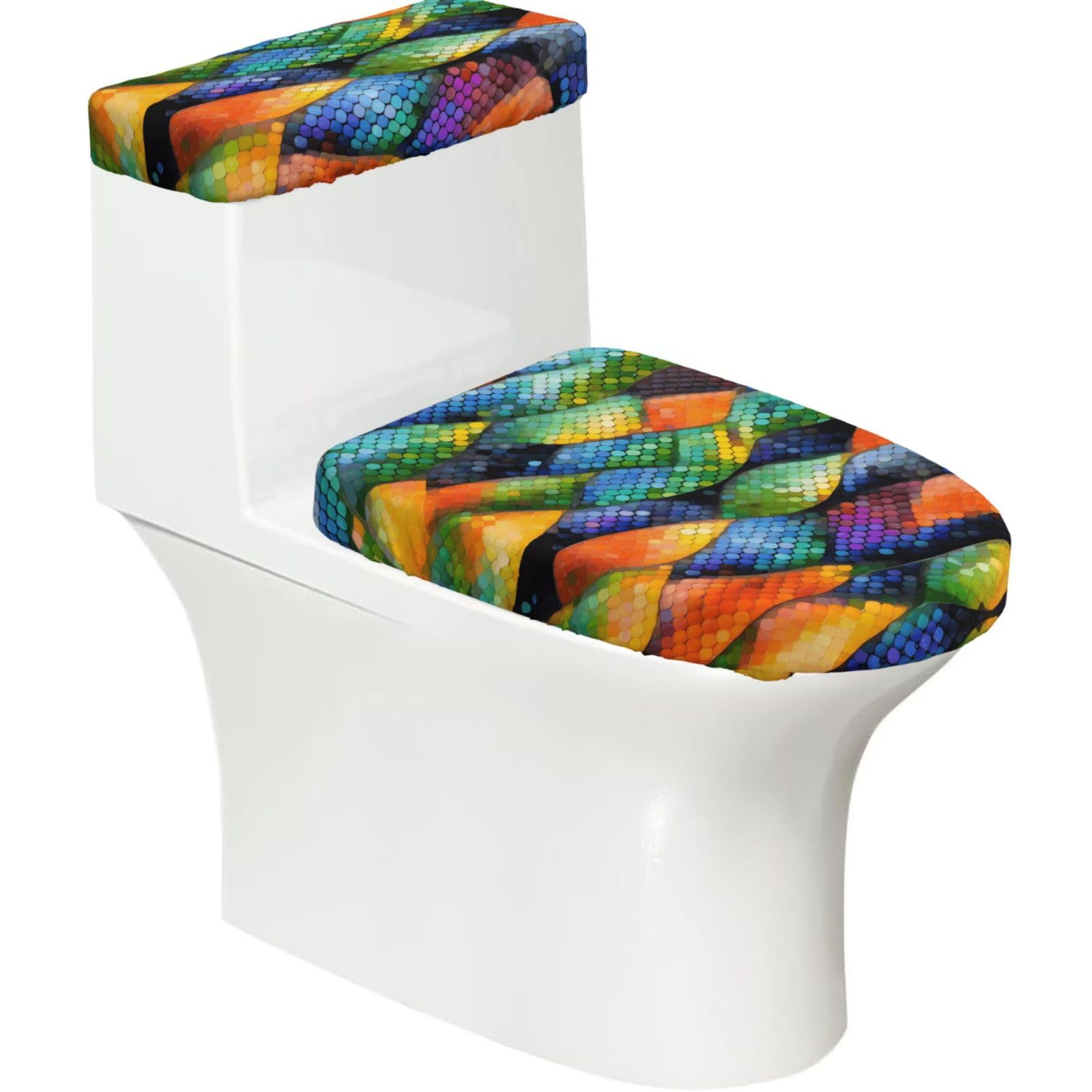 Cntdbu Black Rainbow Fish Scale Elastic Toilet Cover Set Of 2-Stretchy Lid And Tank Covers For Bathroom, Soft Washable U Shape Toilet Decor