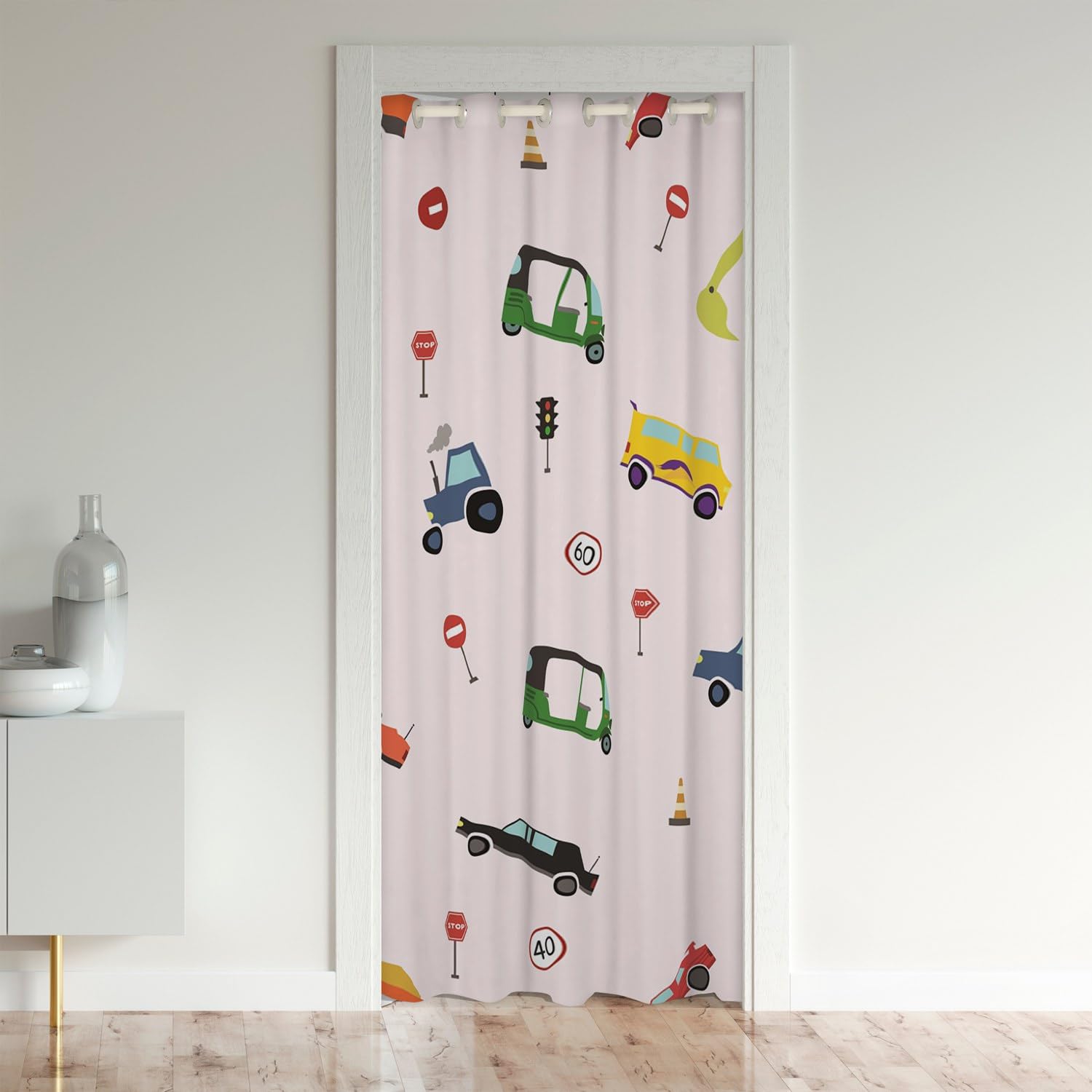 Loussiesd Cortina de puerta de coche de dibujos animados para puerta de privacidad para niños, tractor, excavadora, autobús, policía, coche, divisor de habitación, cubierta de cortina para niños, tema