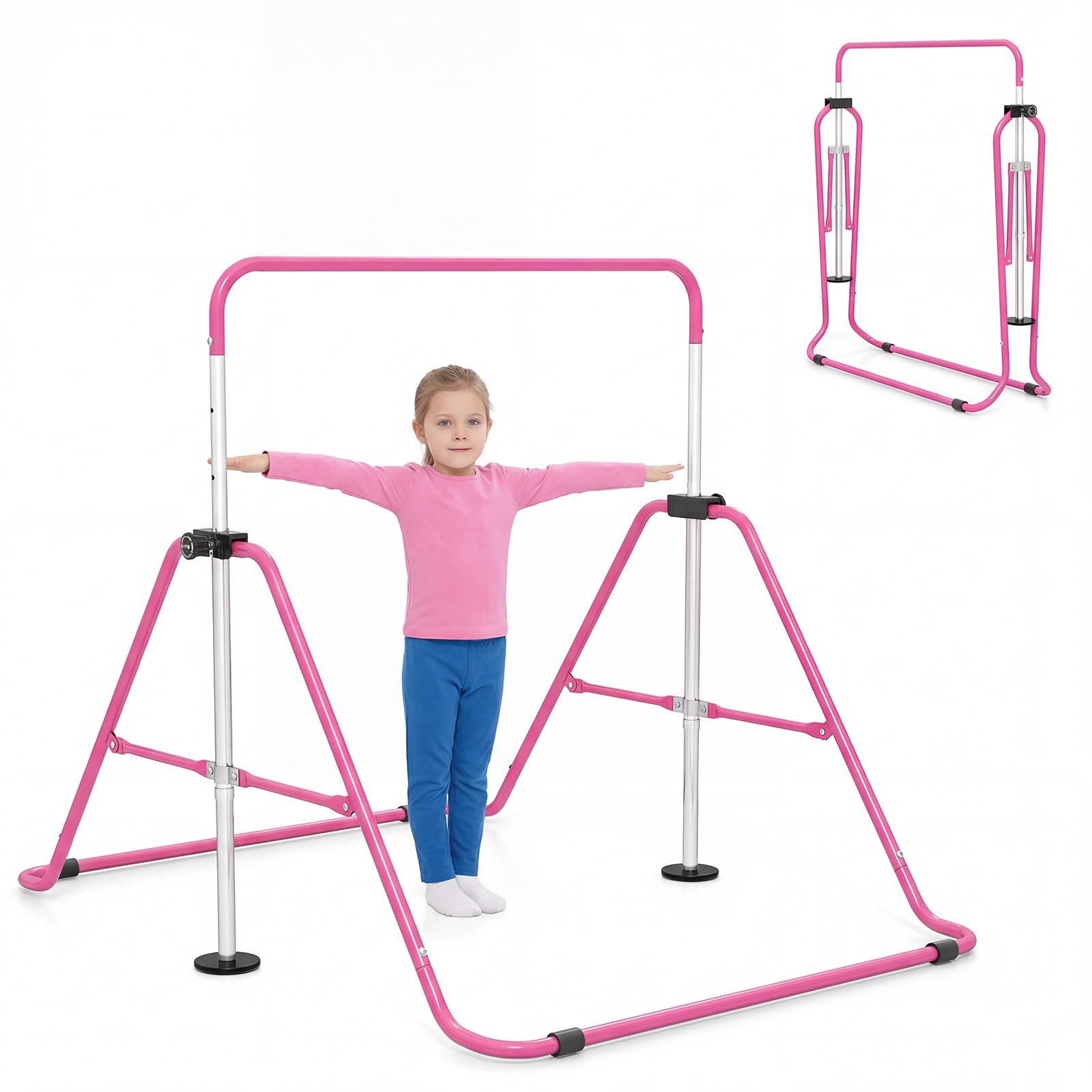 GYMAX Folding Gymnastics Bar for Kids, Height Adjustable Horizontal Kip Training Bar with Anti-slip Base, Portable Junior Training Equipment for Indoor Outdoor Home Use (Pink)