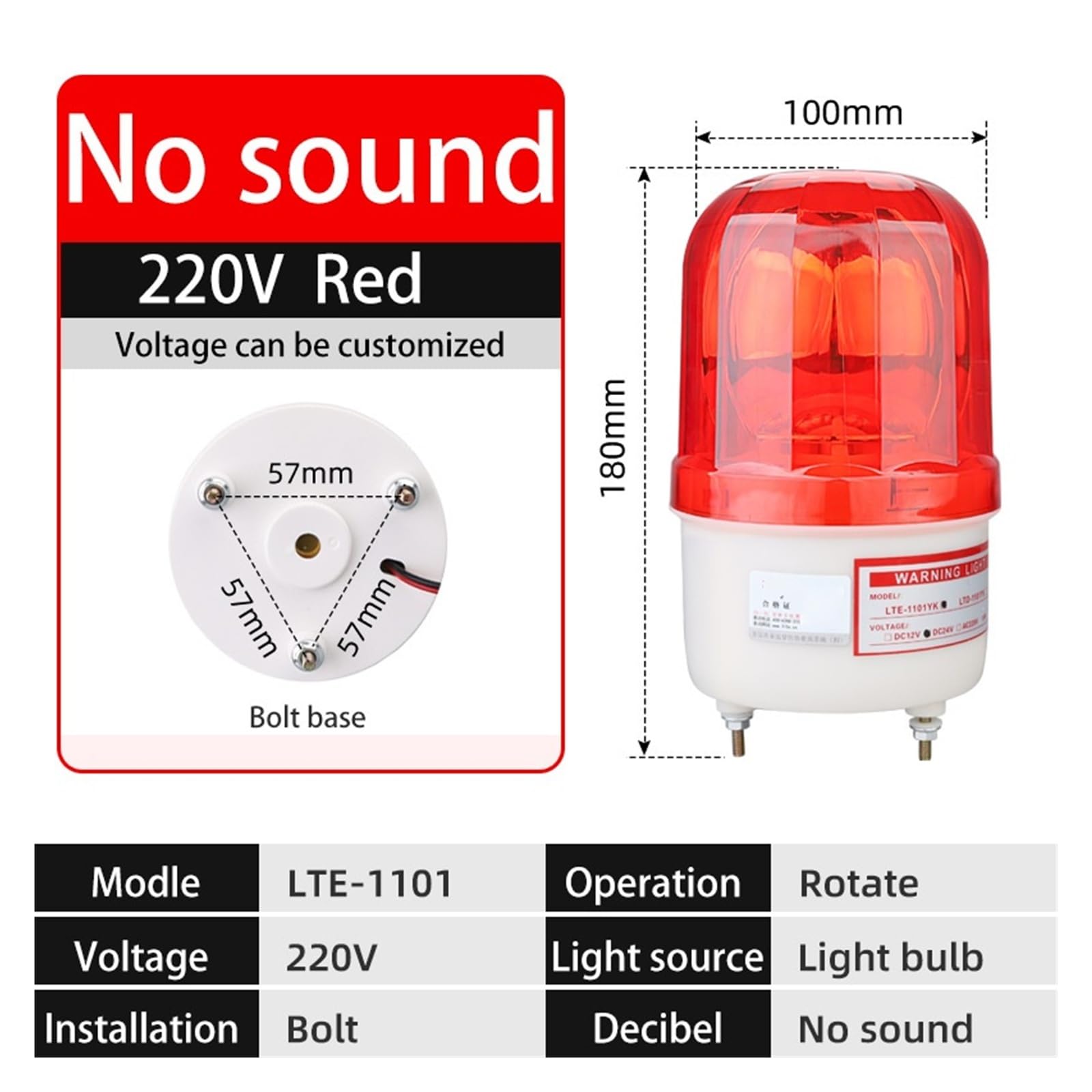 Torre de alarma y señalización industrial LTE-1101. Indicador giratorio con luz estroboscópica sin sonido. 12V 24V 110V 220V 380V. Amarillo, azul, rojo, verde.(Red,220v)