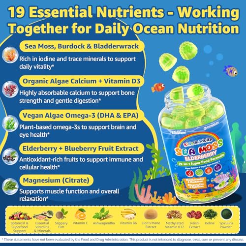 Image of 2pack Sea Moss Gummies for Kids & Adults, 19-IN-1 Super Food with Elderberry, Spirulina, Algae Omega 3, Algae Calcium, Ashwagandha, Mushroom, Vitamins D3, C for Immune, Gut, Bone, Energy, Brain, Vegan