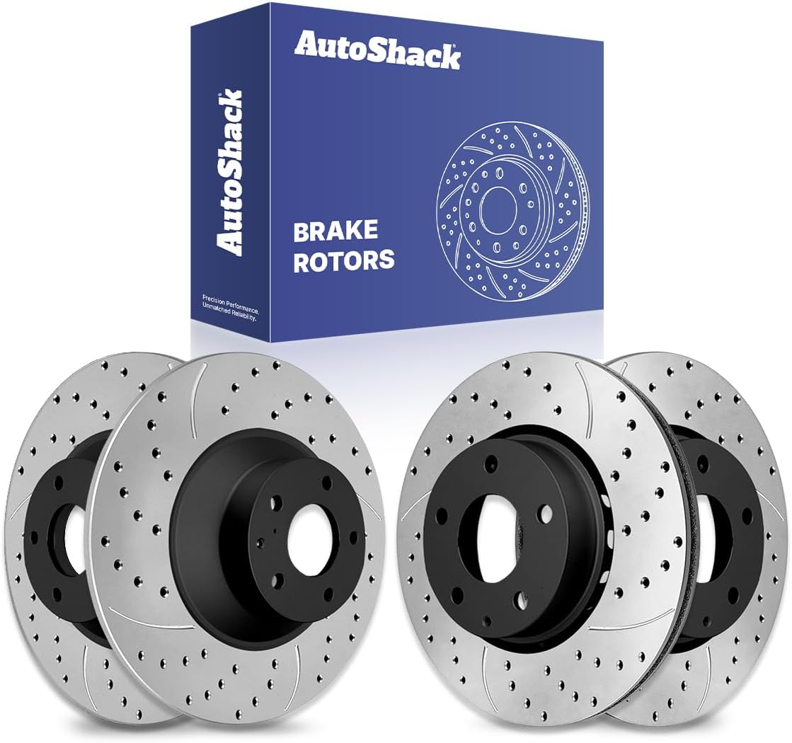 AutoShack Front Vented & Rear Solid Drilled & Slotted E-Coated Brake Rotors 4-PC Set Replacement for 2016-2025 Mazda CX-5 ShadowGuard