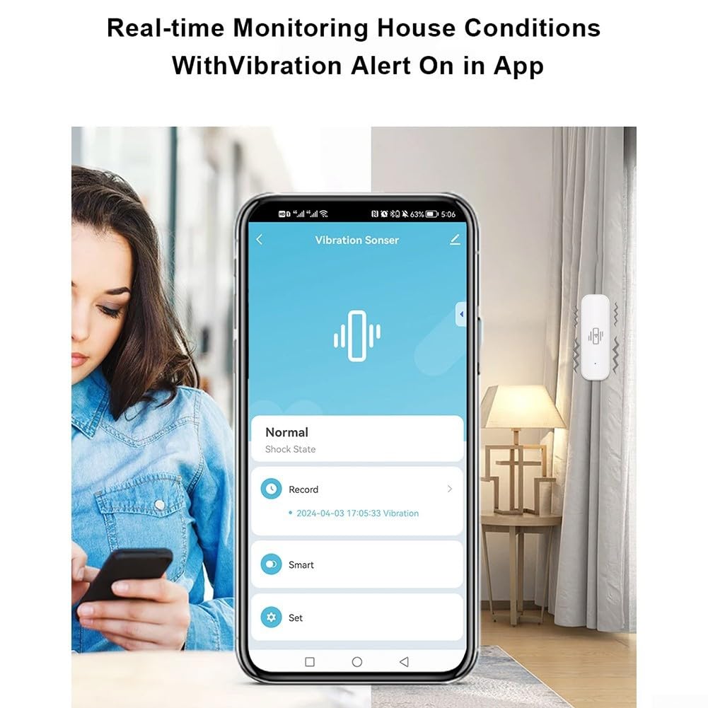 Sensore di vibrazione WiFi, mini rilevatore wireless di rottura del vetro per allarme e automazione domestica intelligente, nessun hub richiesto, compatibile con Tuya/per Smart Life APP (5 pezzi)