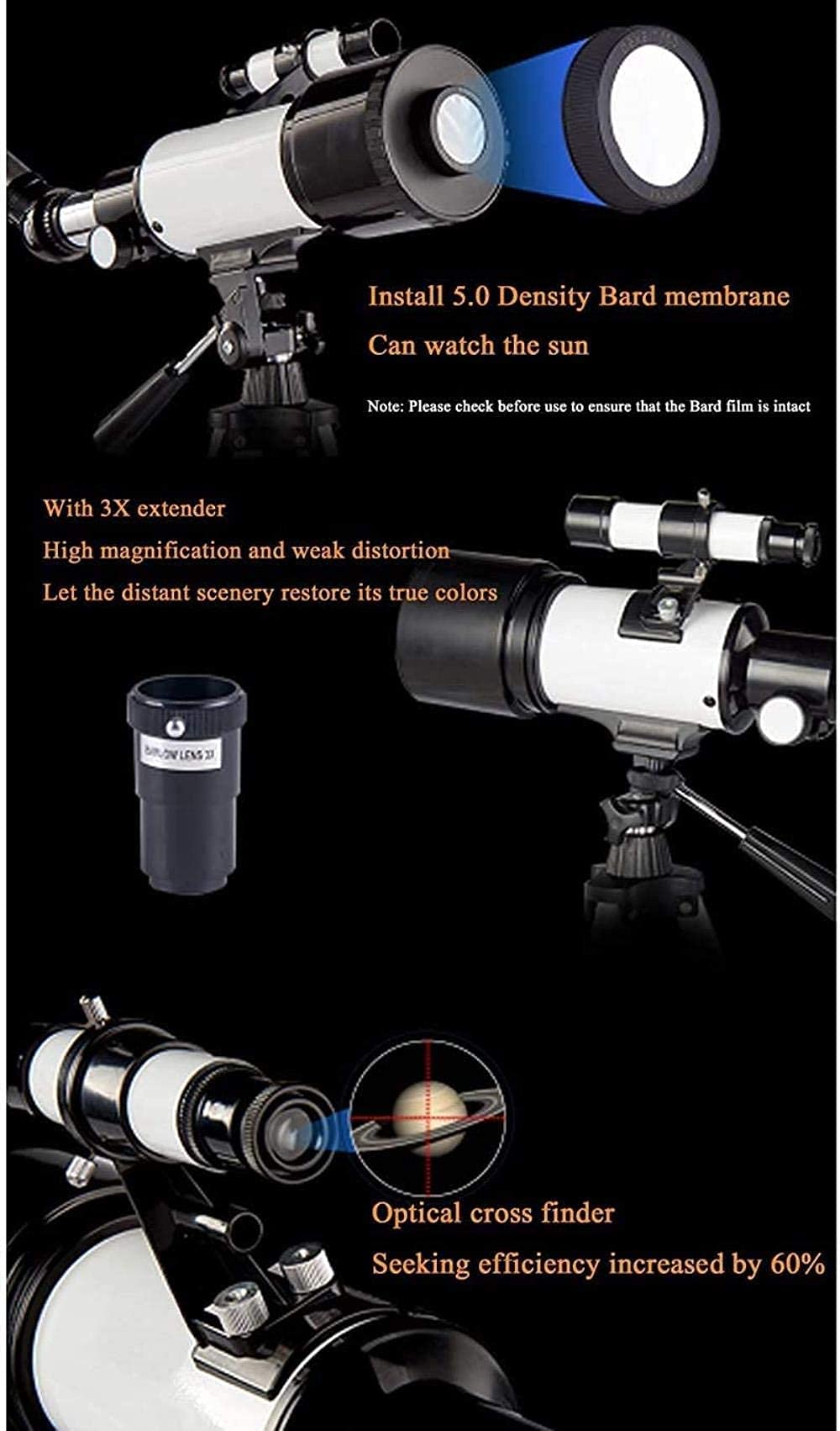 Télescope Ultra HD pour débutants 10 000 Fois HD - Ouverture de 70 mm Monture de 400 mm Réfracteur d'astronomie avec Adaptateur de téléphone Trépied réglable Double Le Confort