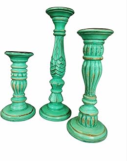 Handcarved Wooden, Antique Finish Candle Stand (Set of 3) DD-CS-02 (9"X 12",15"), 5" Base Dia for Home Decor and Gifting. White (Turquoise)