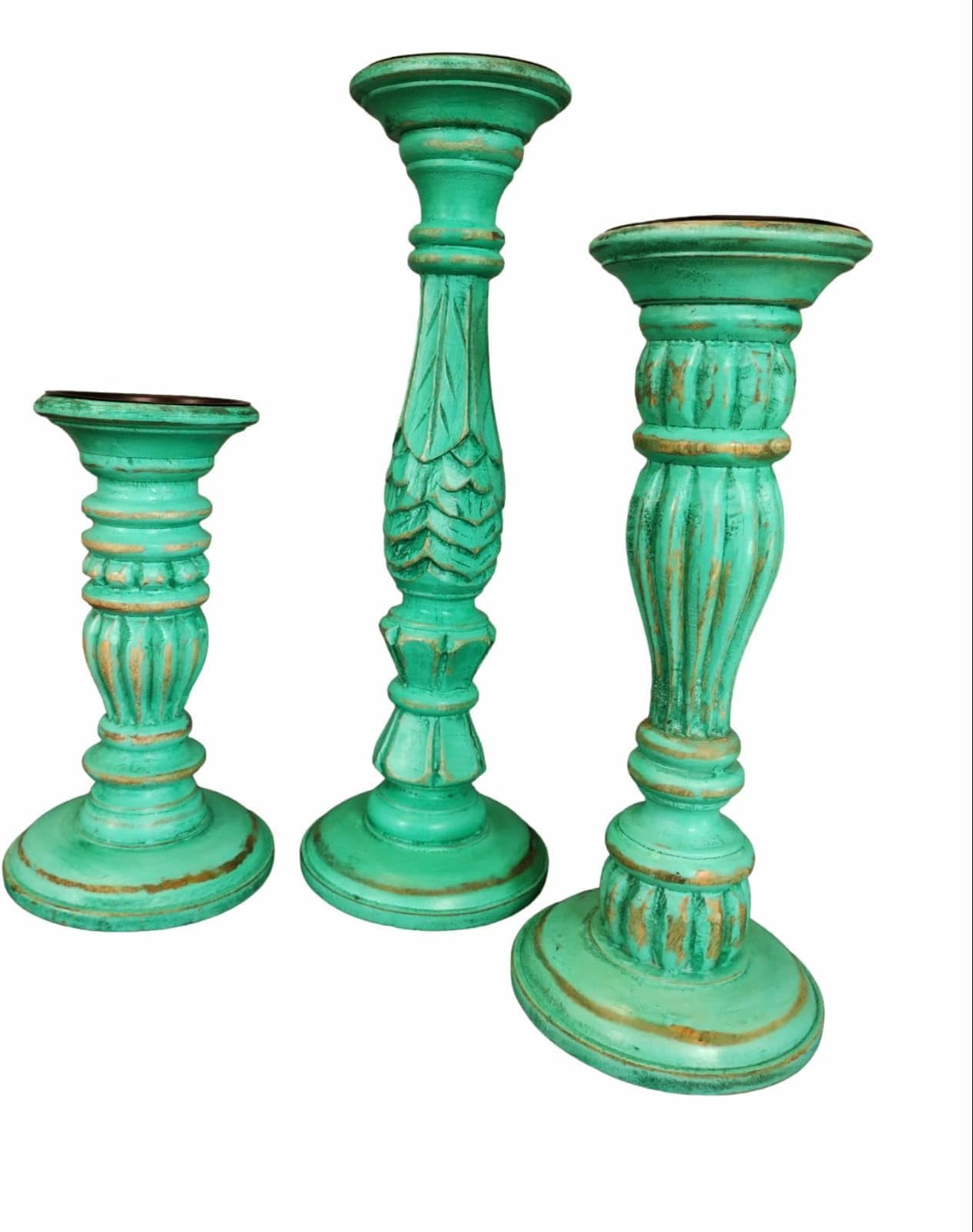 Handcarved Wooden, Antique Finish Candle Stand (Set of 3) DD-CS-02 (9"X 12",15"), 5" Base Dia for Home Decor and Gifting. White (Turquoise)