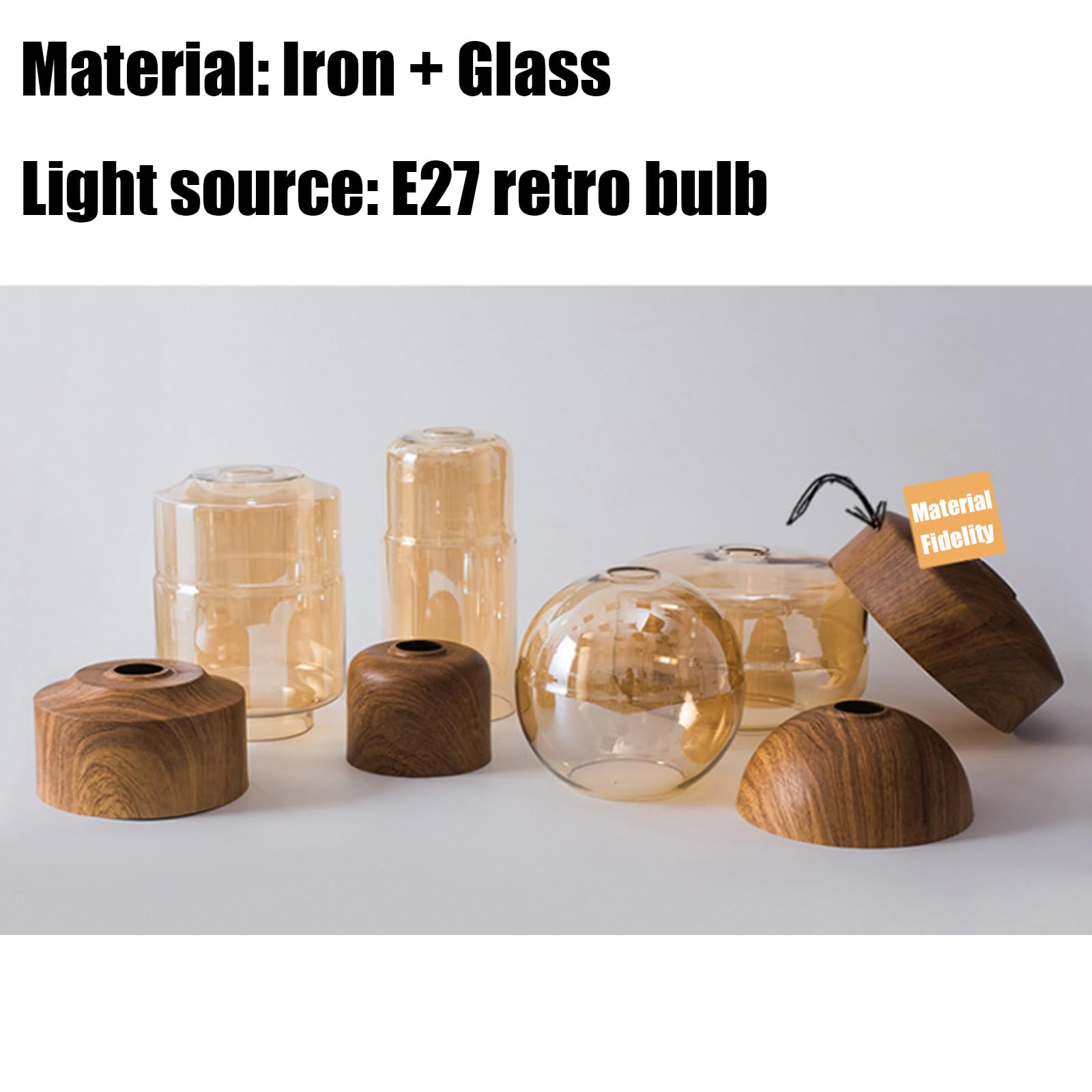 Lámpara colgante moderna, lámpara colgante de vidrio industrial retro, lámpara colgante con acabado de madera y metal, lámpara colgante para isla de cocina, lámpara de techo con pantalla de vidrio ámb