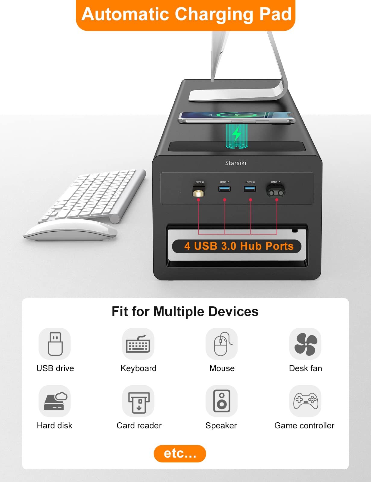 Support pour 2 écrans avec charge sans fil et 4 ports USB