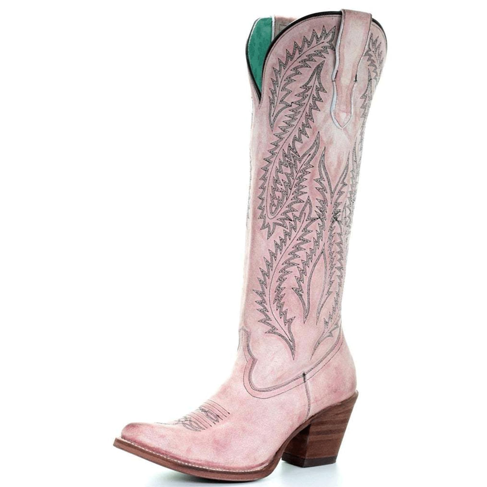 FGRID Westernstiefel für Damen mit dickem Absatz, Vintage-Cowboystiefel aus PU mit Stickerei und weitem Schaft, Winterstiefel mit seitlichem Reißverschluss und mittelhohem Schaft