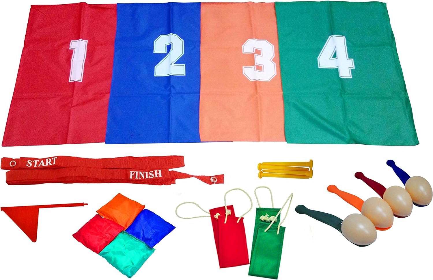 Quickdraw4-in-1 Sports Day Games Kit – Sack Race, Egg & Spoon Race, Bean Bag Toss & 3-Legged Race – Sports Day Games for Kids & Adults – Outdoor Family Garden School Sports Day Equipment Set for Children