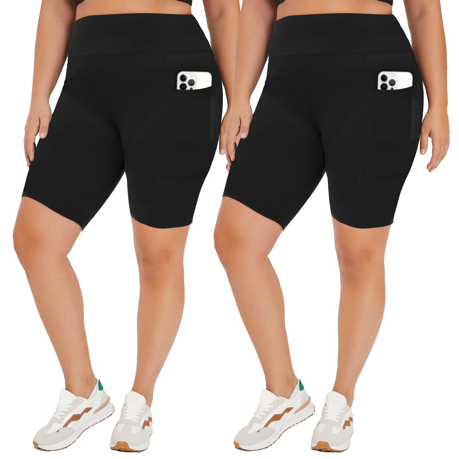 TNNZEET 2 Pack Plus Size Biker Shorts for Women - 8" Black High Waisted Tummy Control Spandex Workout Shorts (XL-4XL)