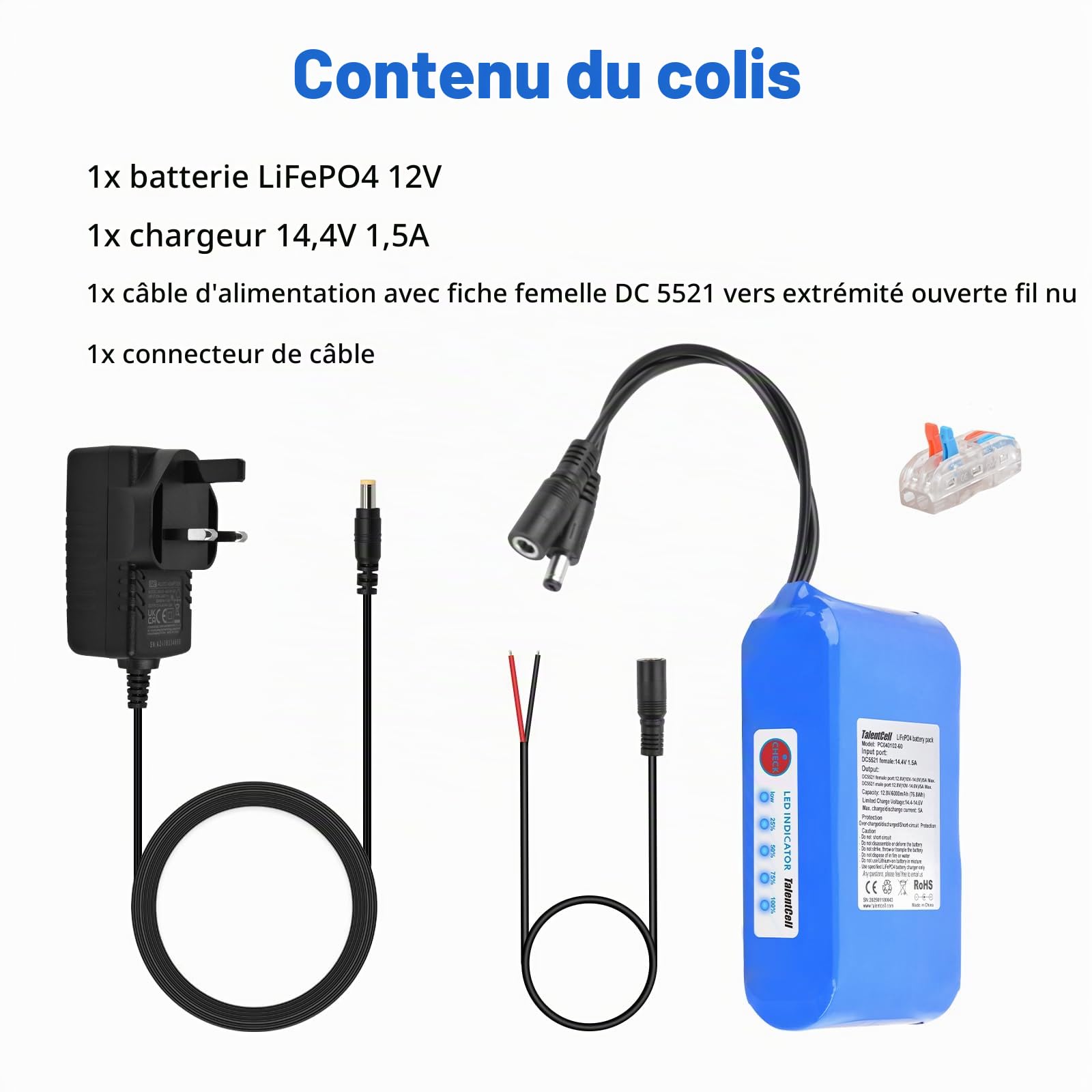 Talentcell Batterie LiFePO4 12 V, plus de 3000 cycles rechargeables, 12,8 V, 6000 mAh, 76,8 Wh, batterie de secours avec sortie DC 12 V pour bande lumineuse LED, caméra de vidéosurveillance, routeur
