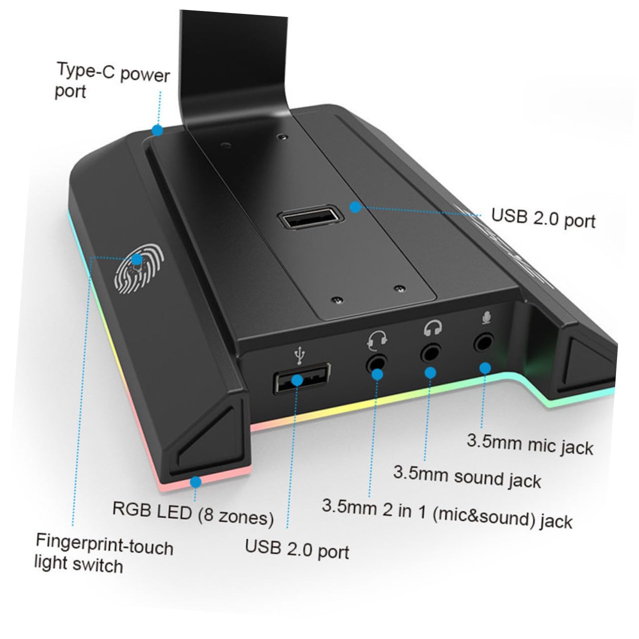 ULTECHNOVO Soporte de Sobremesa para Auriculares Rgb para Juegos Negro Abs | Diseño de Escritorio, Compatible Teléfono y Auriculares, Accesorio para Ordenador y PC Gaming