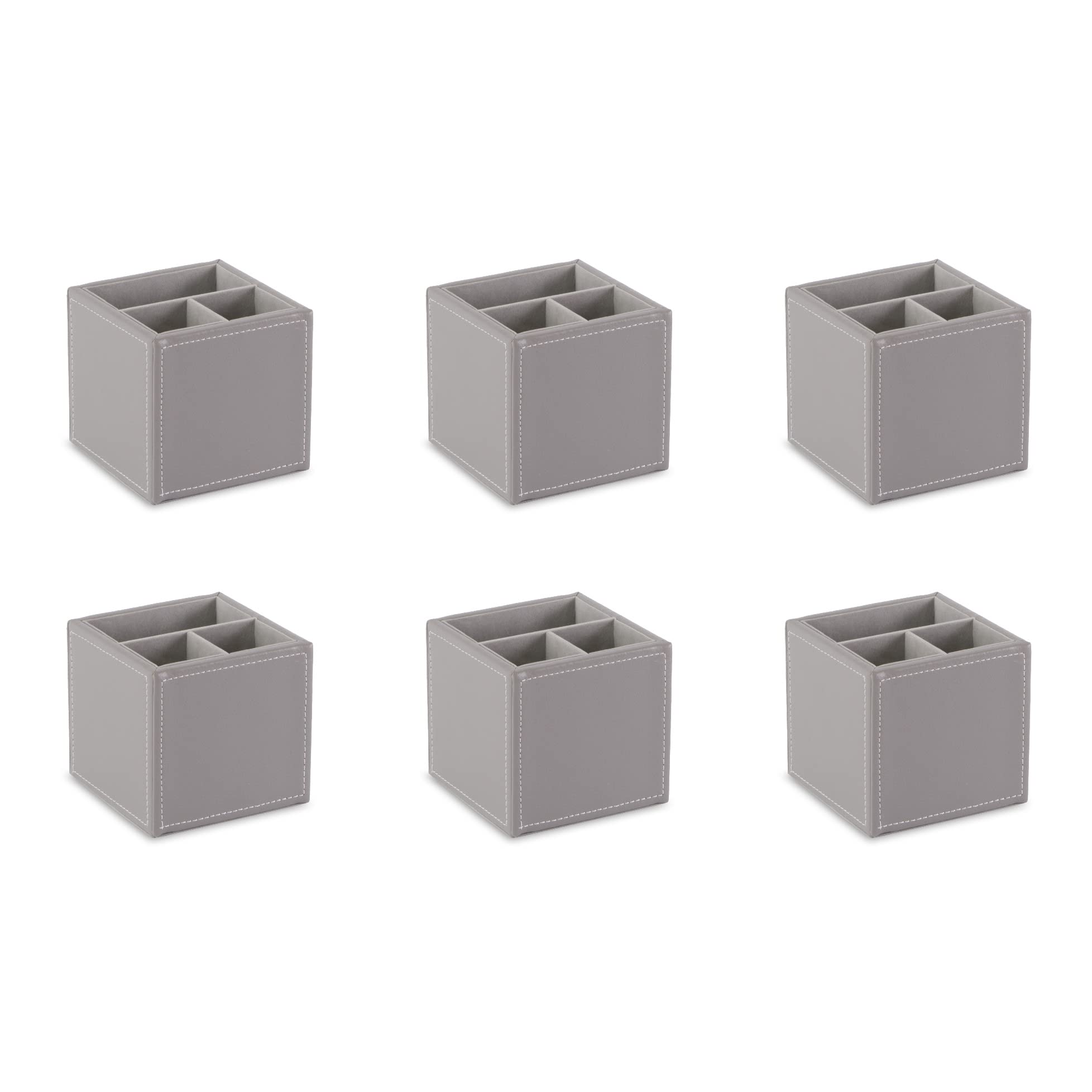 Osco Faux Leather Pen Pot, 3-Section Square Desk Tidy & Pencil Holder, Office Organiser & Makeup Brush Storage, Wipe-Clean Leather Finish, 10×10×10 cm, 6-Pack, Grey — image 1