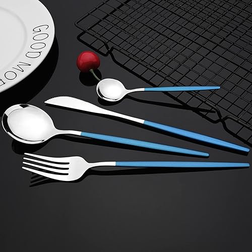 Miniatura 6 de JASHII Juego de cubiertos azules y plateados, juego de cubiertos de acero inoxidable de 24 piezas, utensilios de cocina, cuchillo, tenedor, cuchara